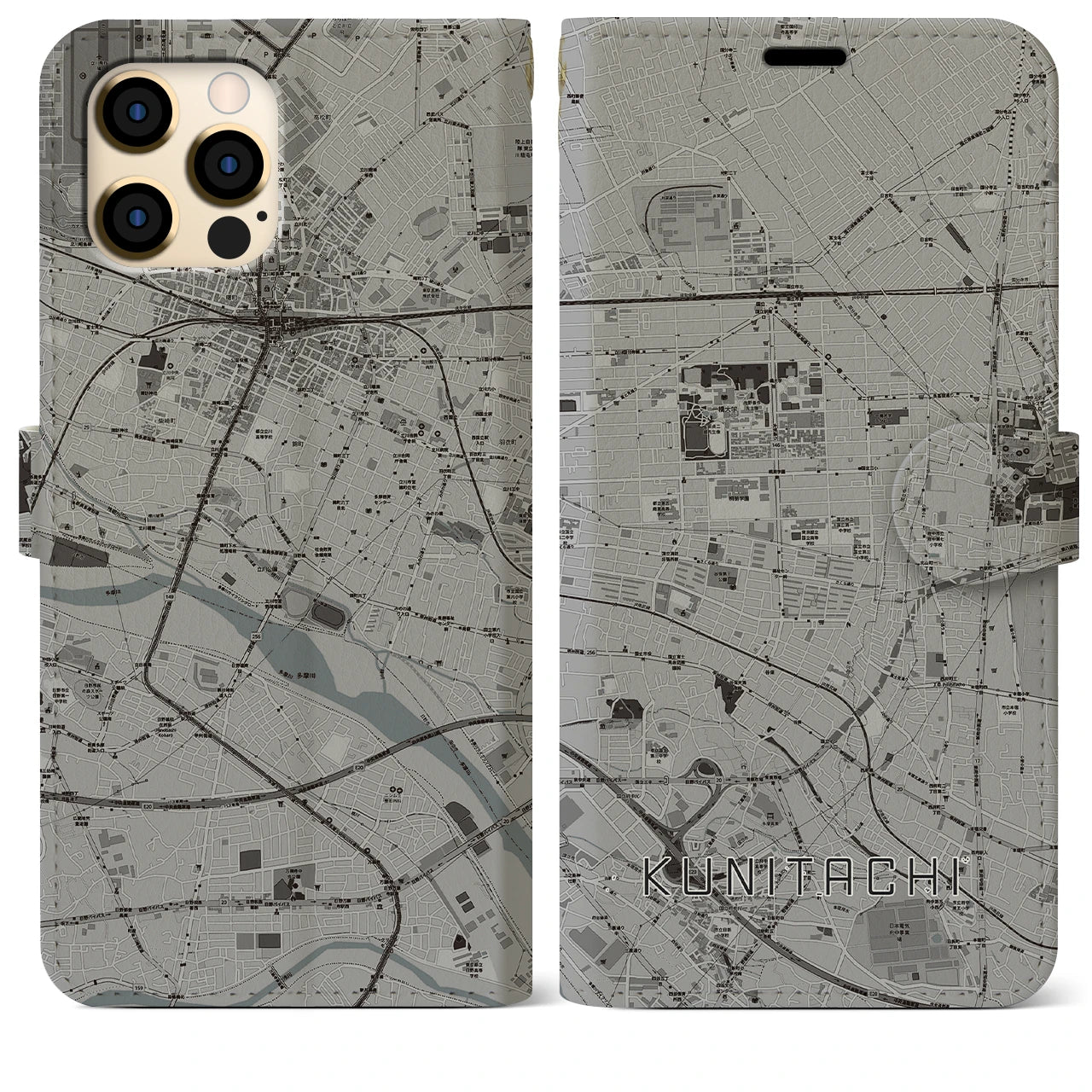 【国立(東京都)】地図柄iPhoneケース(手帳タイプ)モノトーン・iPhone 12 Pro Max 用