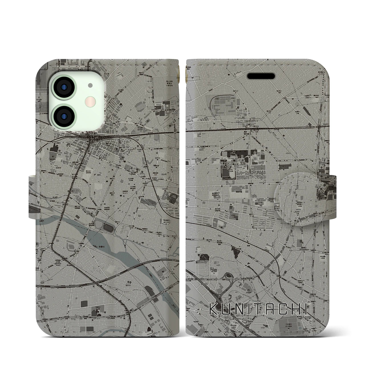 【国立(東京都)】地図柄iPhoneケース(手帳タイプ)モノトーン・iPhone 12 mini 用