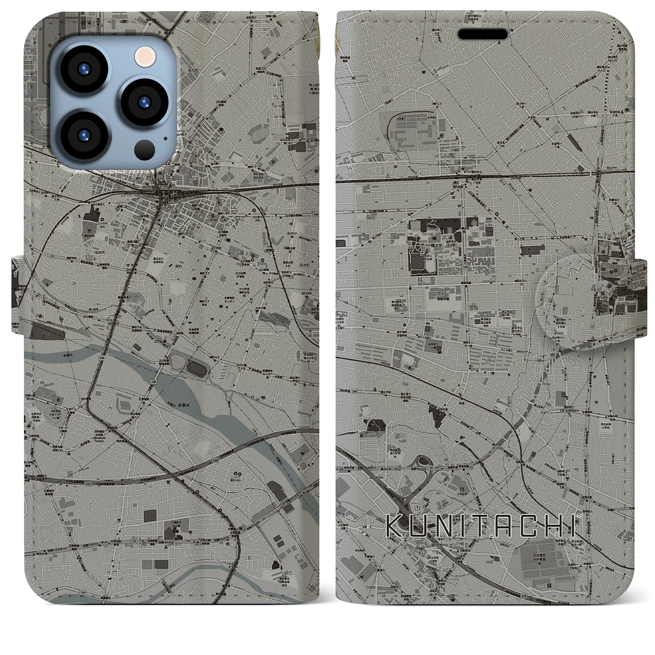 【国立(東京都)】地図柄iPhoneケース(手帳タイプ)モノトーン・iPhone 13 Pro Max 用