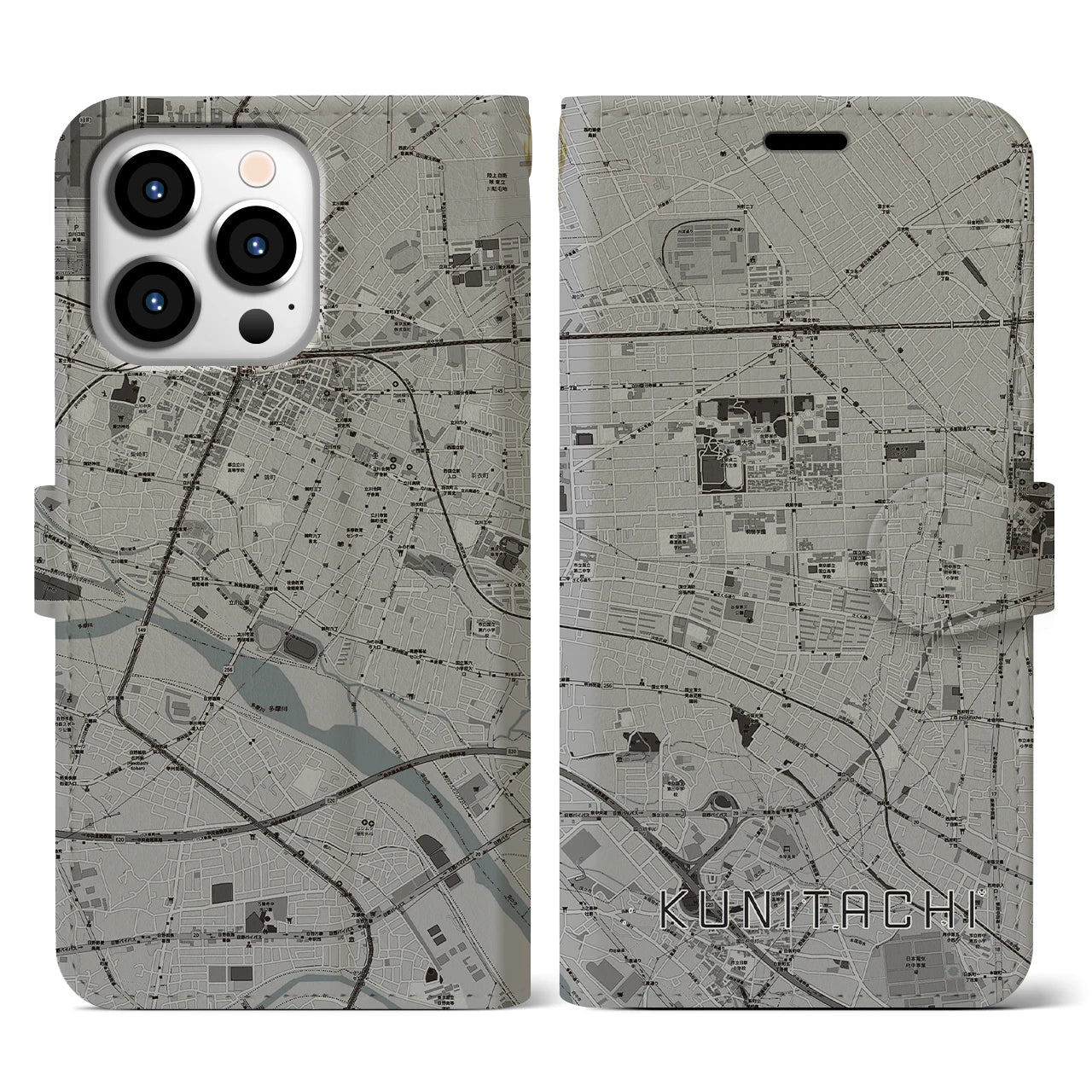 【国立(東京都)】地図柄iPhoneケース(手帳タイプ)モノトーン・iPhone 13 Pro 用