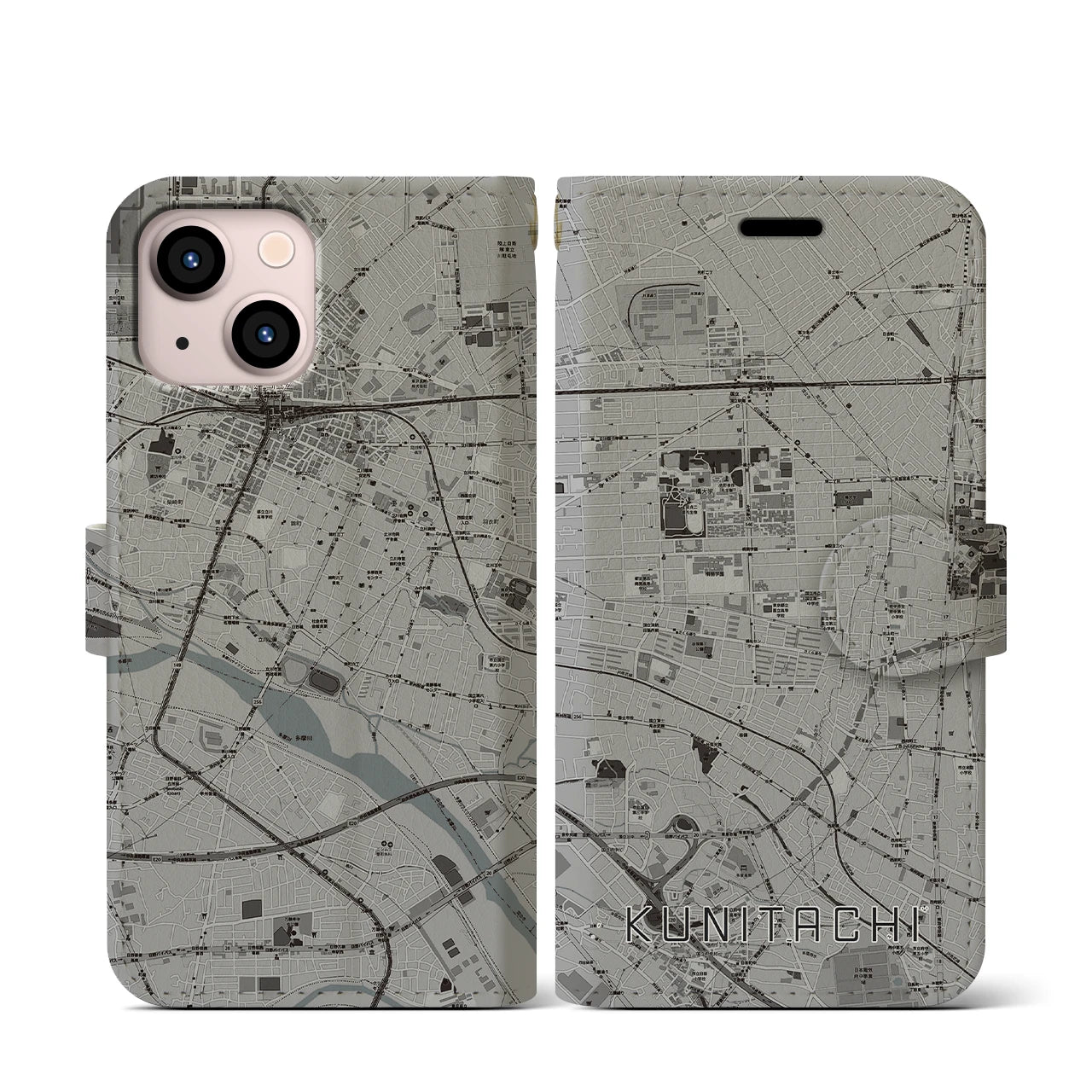 【国立(東京都)】地図柄iPhoneケース(手帳タイプ)モノトーン・iPhone 13 mini 用