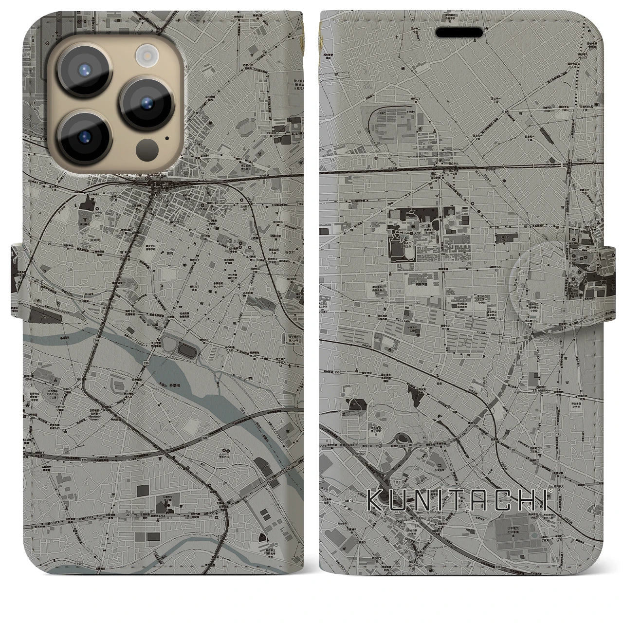 【国立(東京都)】地図柄iPhoneケース(手帳タイプ)モノトーン・iPhone 14 Pro Max 用