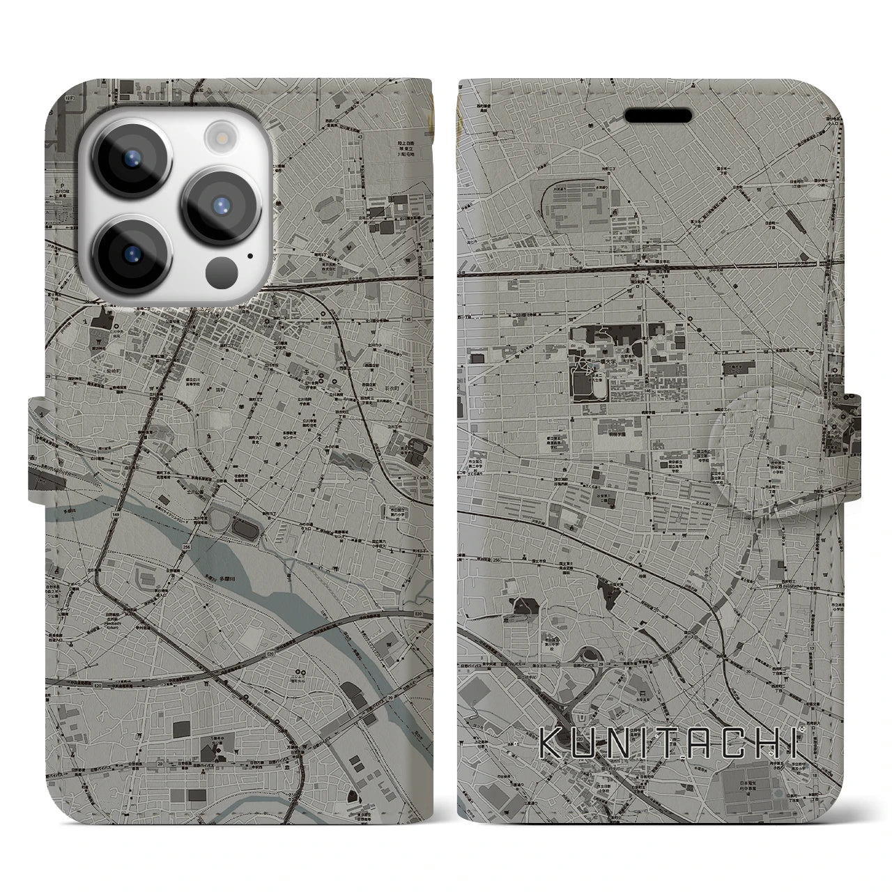 【国立(東京都)】地図柄iPhoneケース(手帳タイプ)モノトーン・iPhone 14 Pro 用