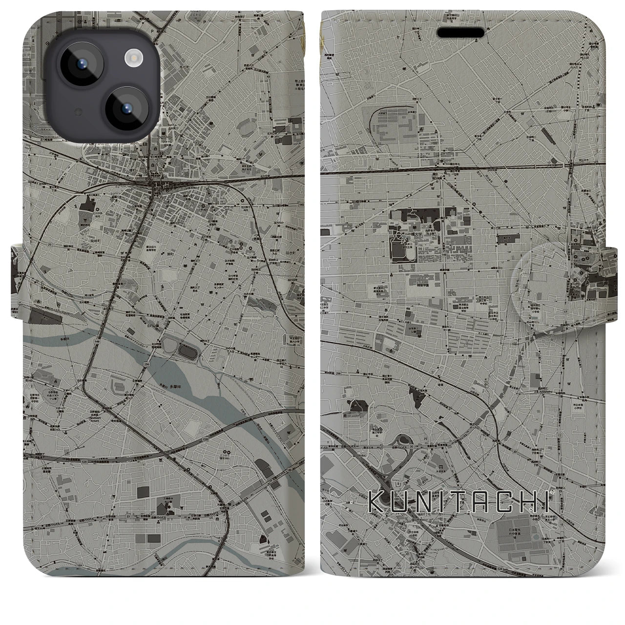 【国立(東京都)】地図柄iPhoneケース(手帳タイプ)モノトーン・iPhone 14 Plus 用
