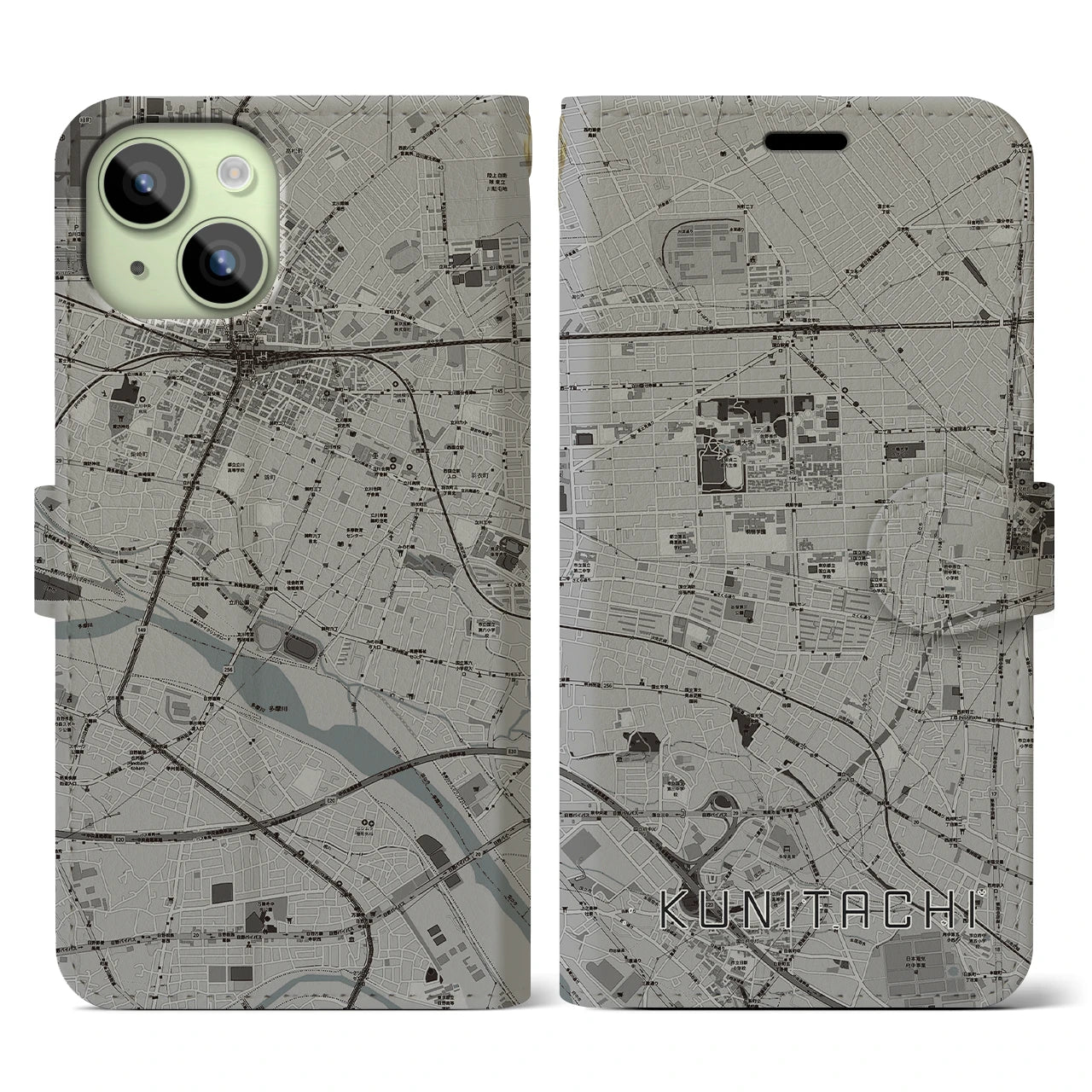 【国立(東京都)】地図柄iPhoneケース(手帳タイプ)モノトーン・iPhone 15 用