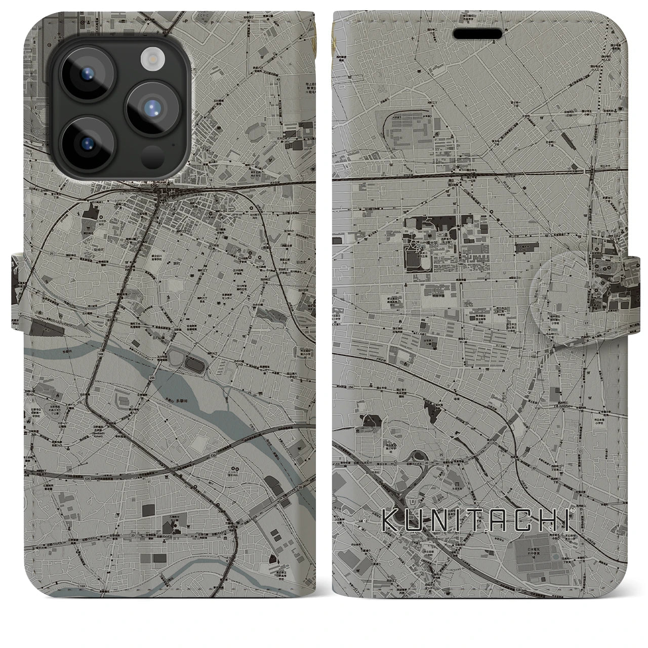【国立(東京都)】地図柄iPhoneケース(手帳タイプ)モノトーン・iPhone 15 Pro Max 用