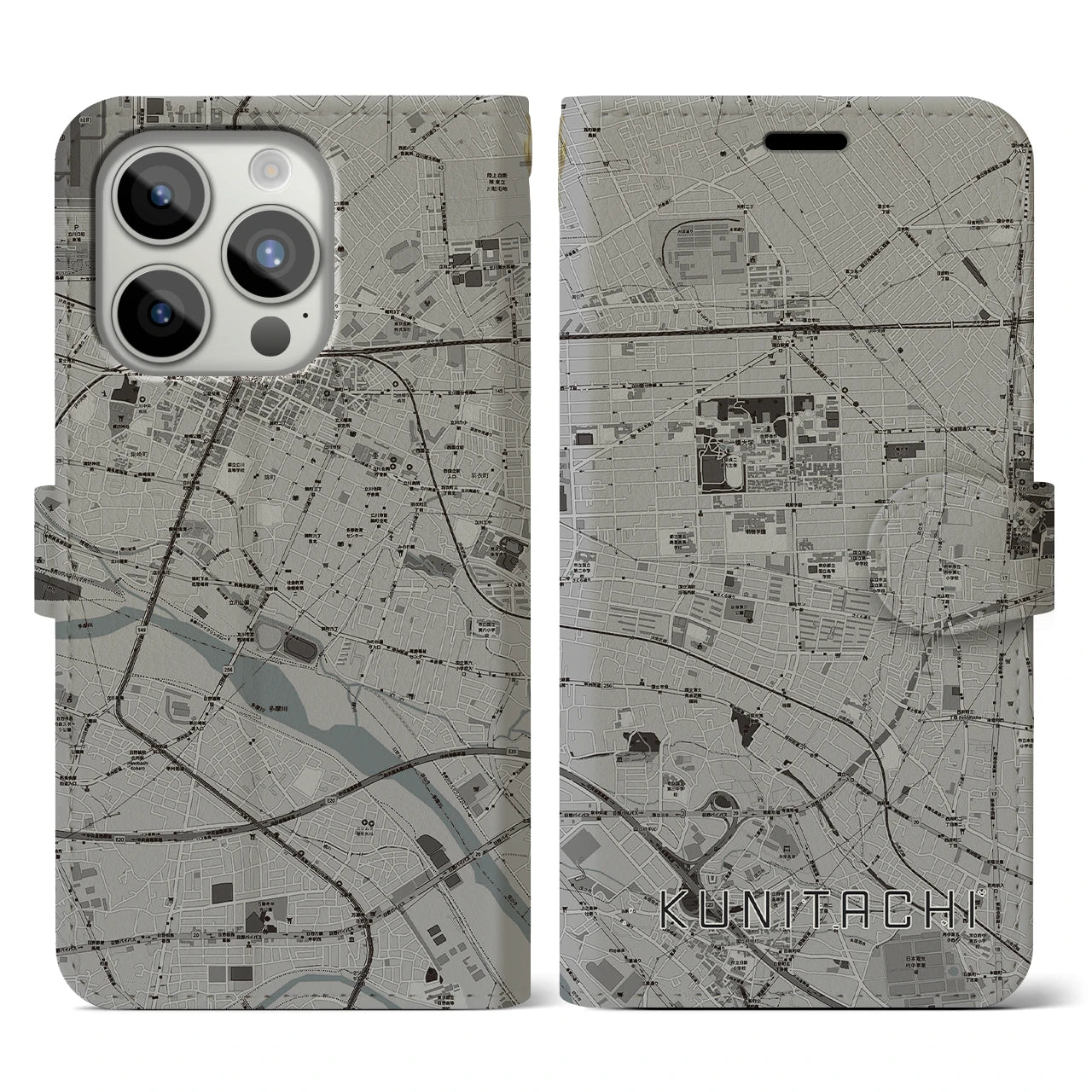 【国立(東京都)】地図柄iPhoneケース(手帳タイプ)モノトーン・iPhone 15 Pro 用