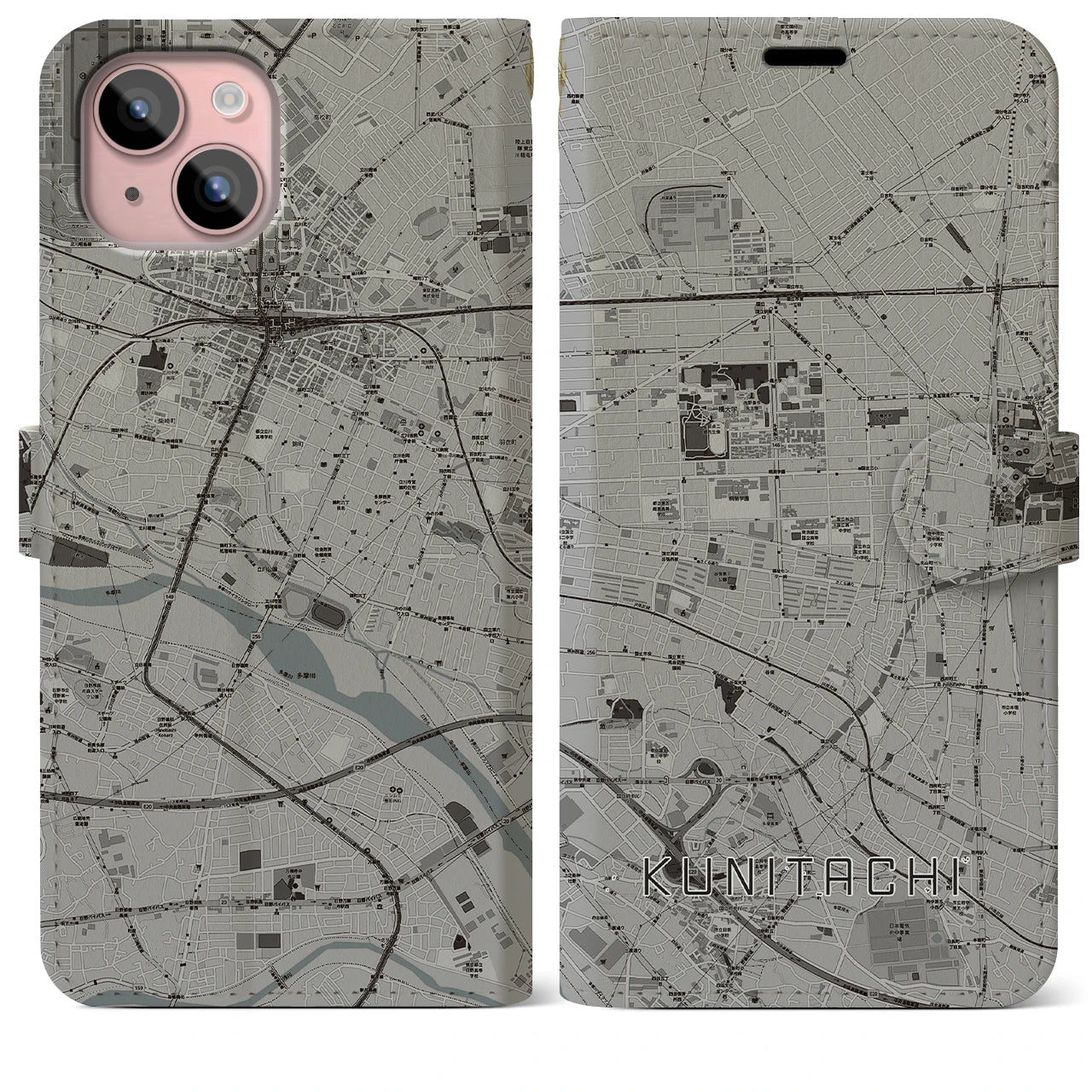 【国立(東京都)】地図柄iPhoneケース(手帳タイプ)モノトーン・iPhone 15 Plus 用