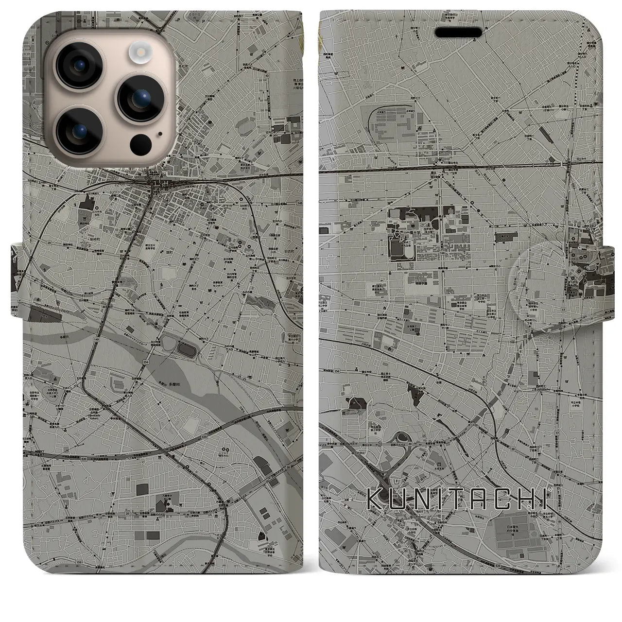 【国立(東京都)】地図柄iPhoneケース(手帳タイプ)モノトーン・iPhone 16 Plus 用