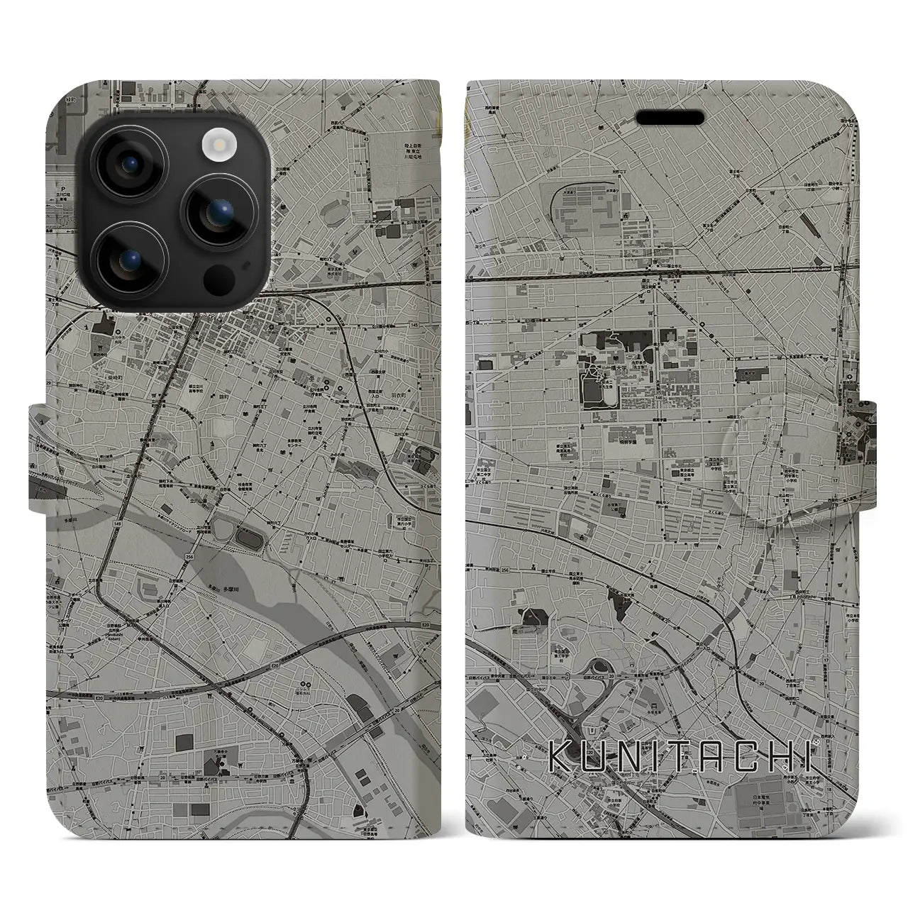 【国立(東京都)】地図柄iPhoneケース(手帳タイプ)モノトーン・iPhone 16 用