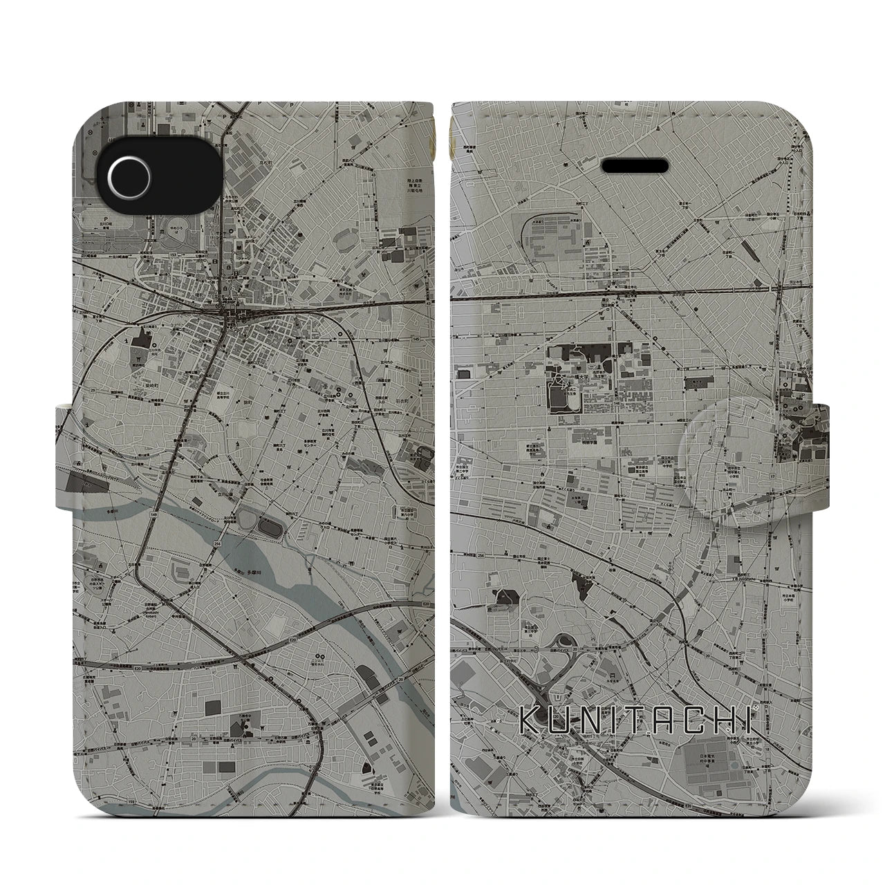 【国立(東京都)】地図柄iPhoneケース(手帳タイプ)モノトーン・iPhone SE(第3 / 第2世代) / 8 / 7 / 6s / 6 用