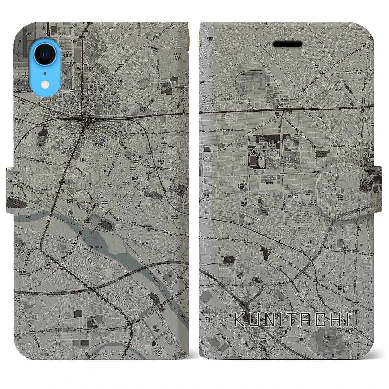 【国立(東京都)】地図柄iPhoneケース(手帳タイプ)モノトーン・iPhone XR 用