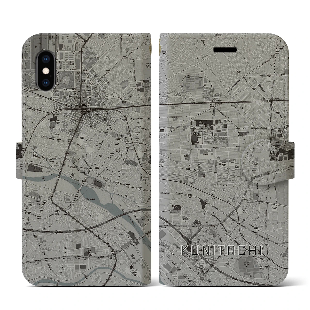 【国立(東京都)】地図柄iPhoneケース(手帳タイプ)モノトーン・iPhone XS / X 用