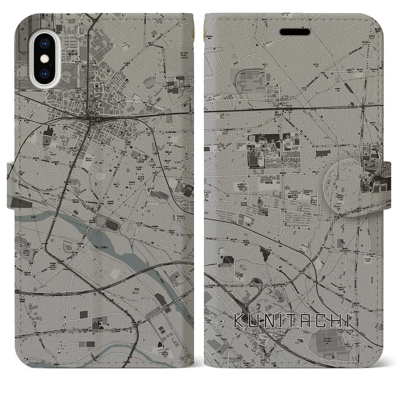 【国立(東京都)】地図柄iPhoneケース(手帳タイプ)モノトーン・iPhone XS Max 用