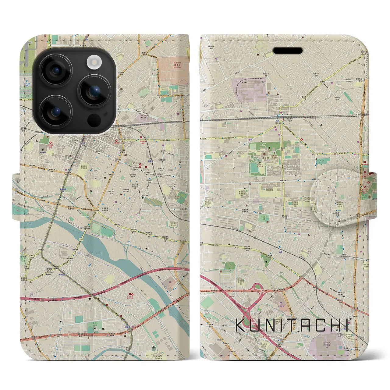 【国立(東京都)】地図柄iPhoneケース(手帳タイプ)ナチュラル・iPhone 16 用