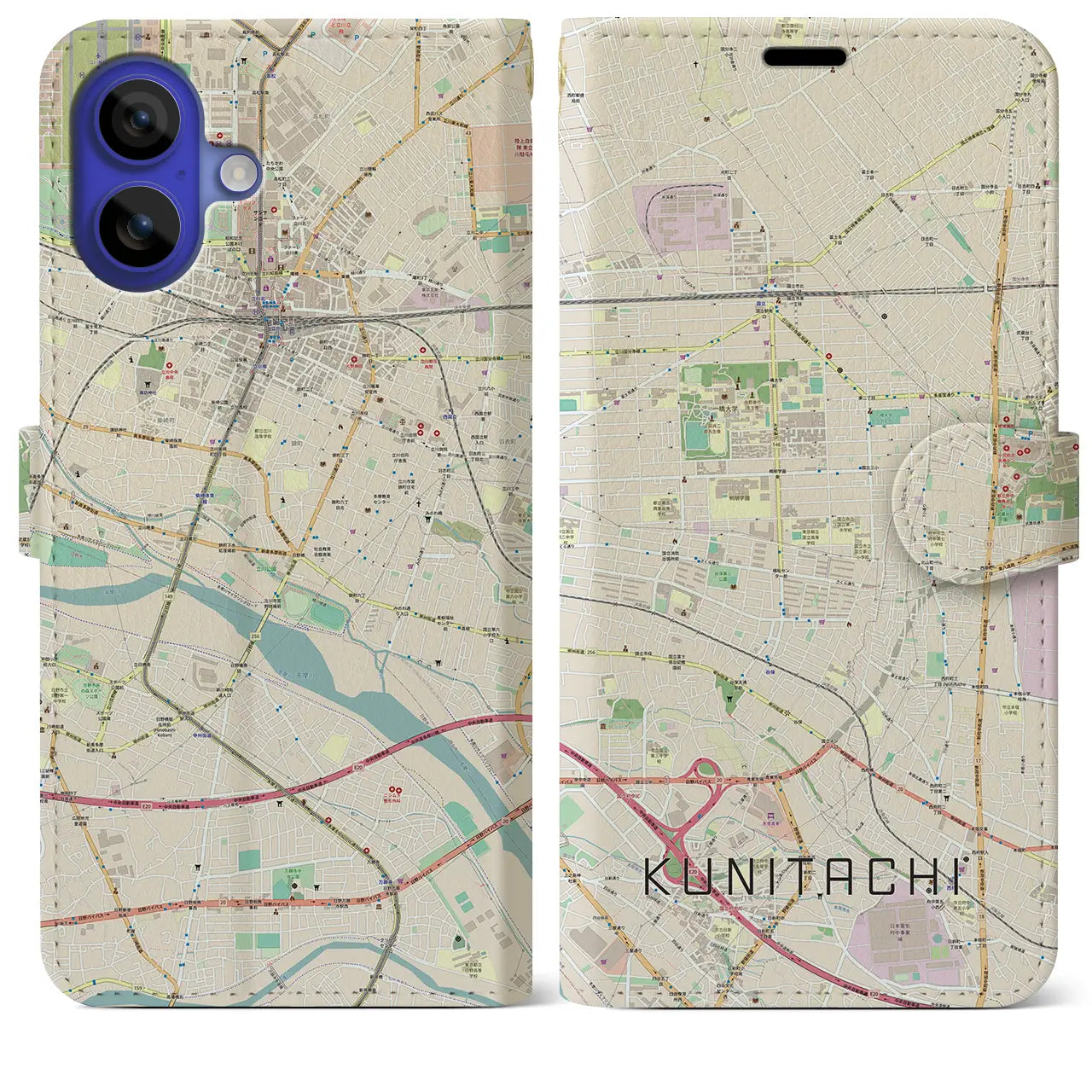【国立(東京都)】地図柄iPhoneケース(手帳タイプ)ナチュラル・iPhone 16 Pro Max 用