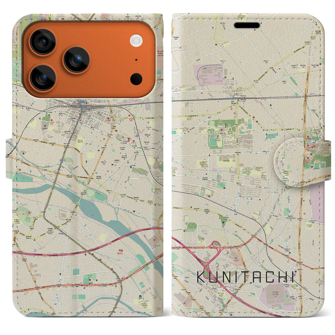 【国立(東京都)】地図柄iPhoneケース(手帳タイプ)ナチュラル・iPhone 17 Pro Max 用