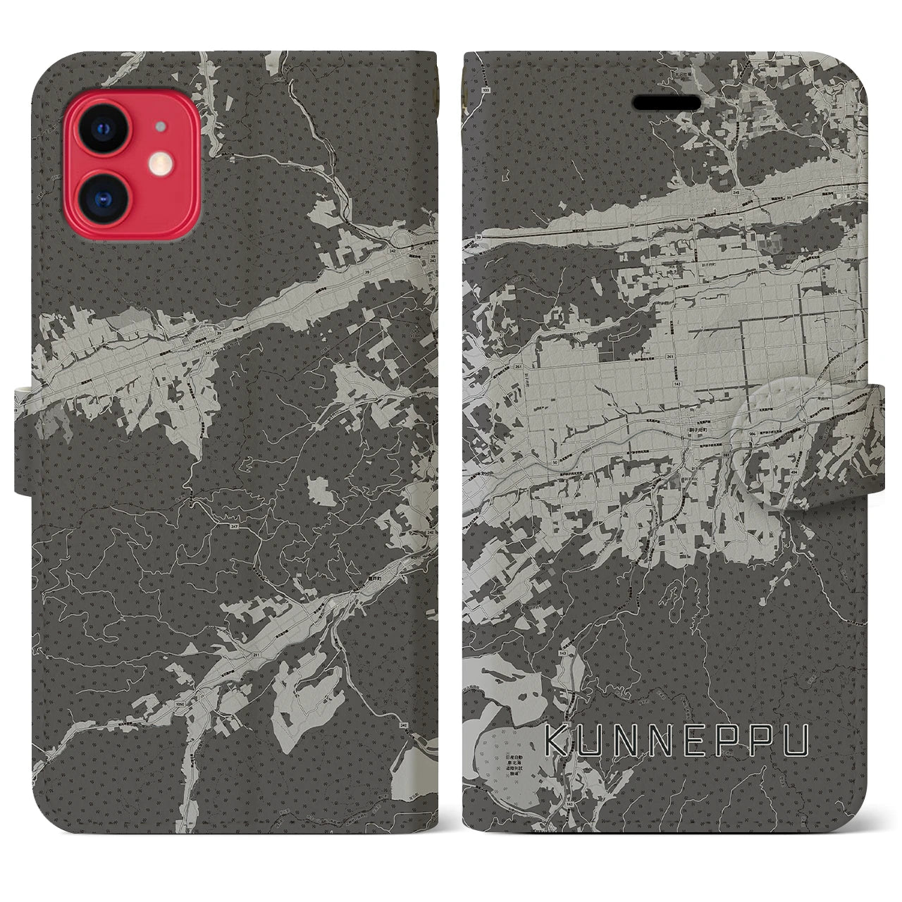 【訓子府(北海道)】地図柄iPhoneケース(手帳タイプ)モノトーン・iPhone 11 用