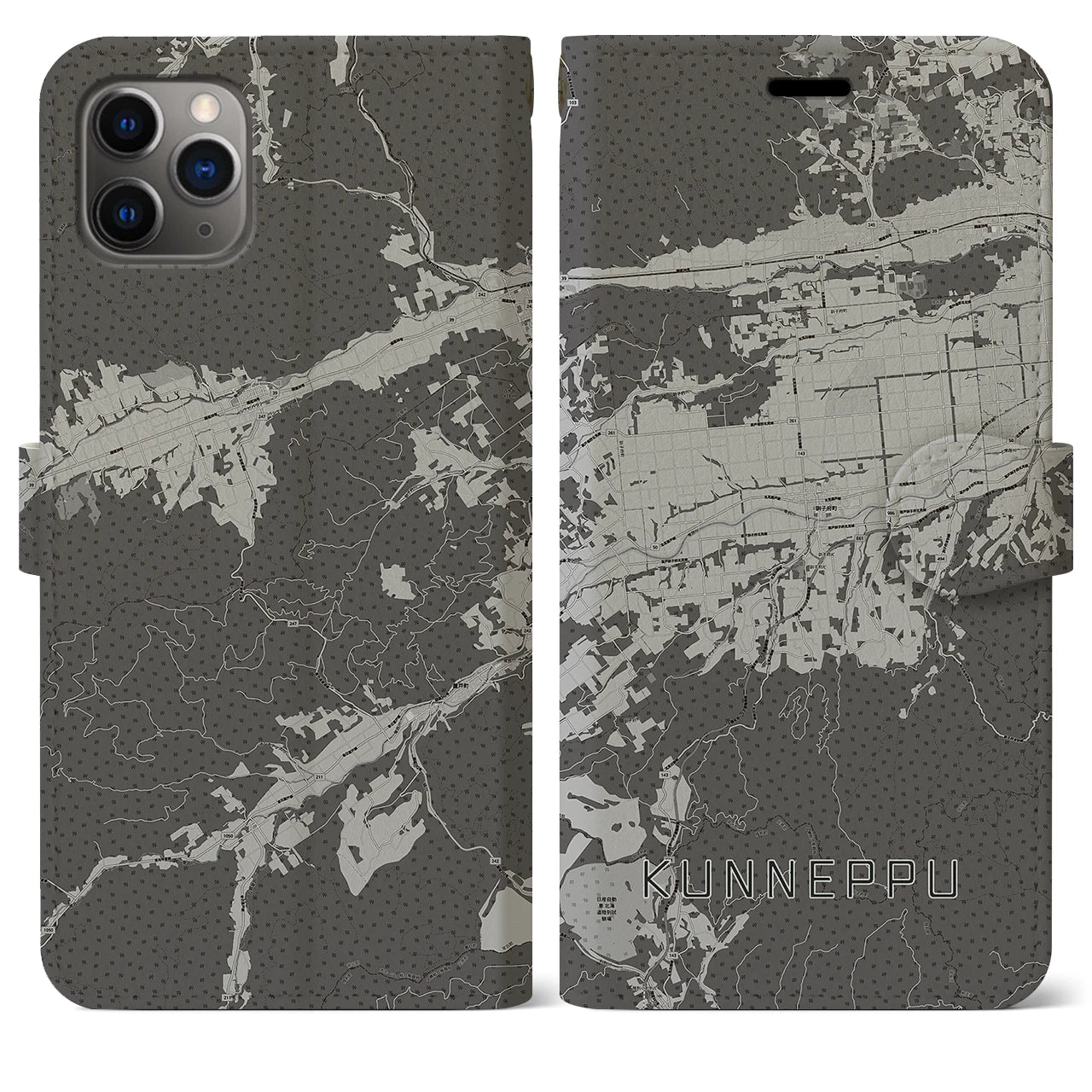 【訓子府(北海道)】地図柄iPhoneケース(手帳タイプ)モノトーン・iPhone 11 Pro Max 用
