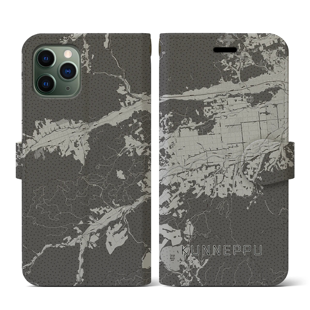 【訓子府(北海道)】地図柄iPhoneケース(手帳タイプ)モノトーン・iPhone 11 Pro 用