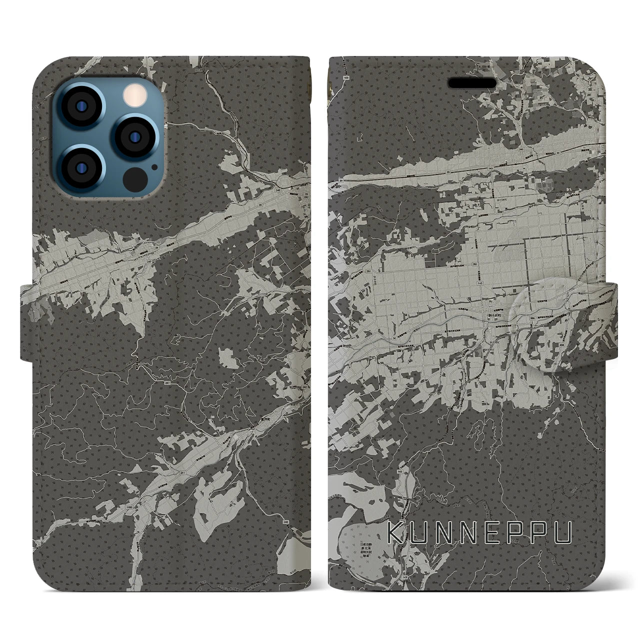 【訓子府(北海道)】地図柄iPhoneケース(手帳タイプ)モノトーン・iPhone 12 / 12 Pro 用