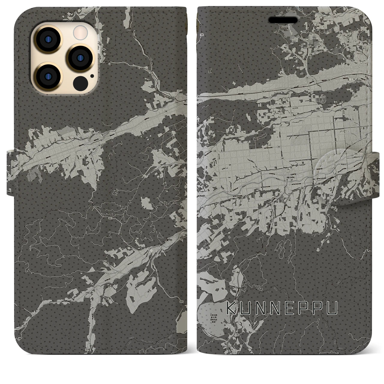【訓子府(北海道)】地図柄iPhoneケース(手帳タイプ)モノトーン・iPhone 12 Pro Max 用