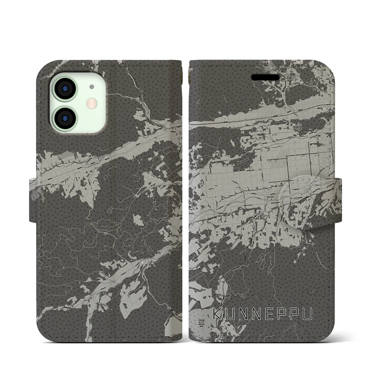 【訓子府(北海道)】地図柄iPhoneケース(手帳タイプ)モノトーン・iPhone 12 mini 用