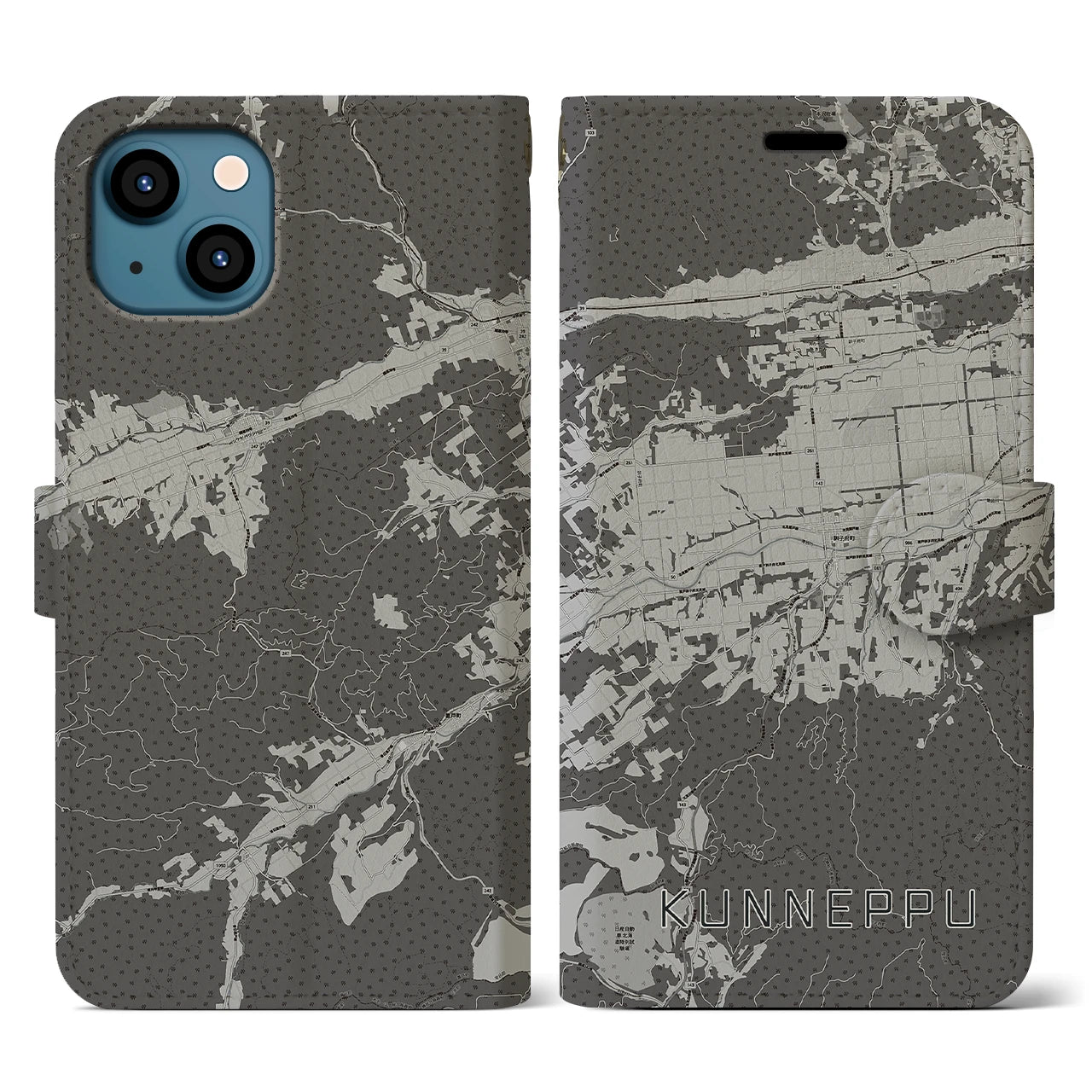 【訓子府(北海道)】地図柄iPhoneケース(手帳タイプ)モノトーン・iPhone 13 用