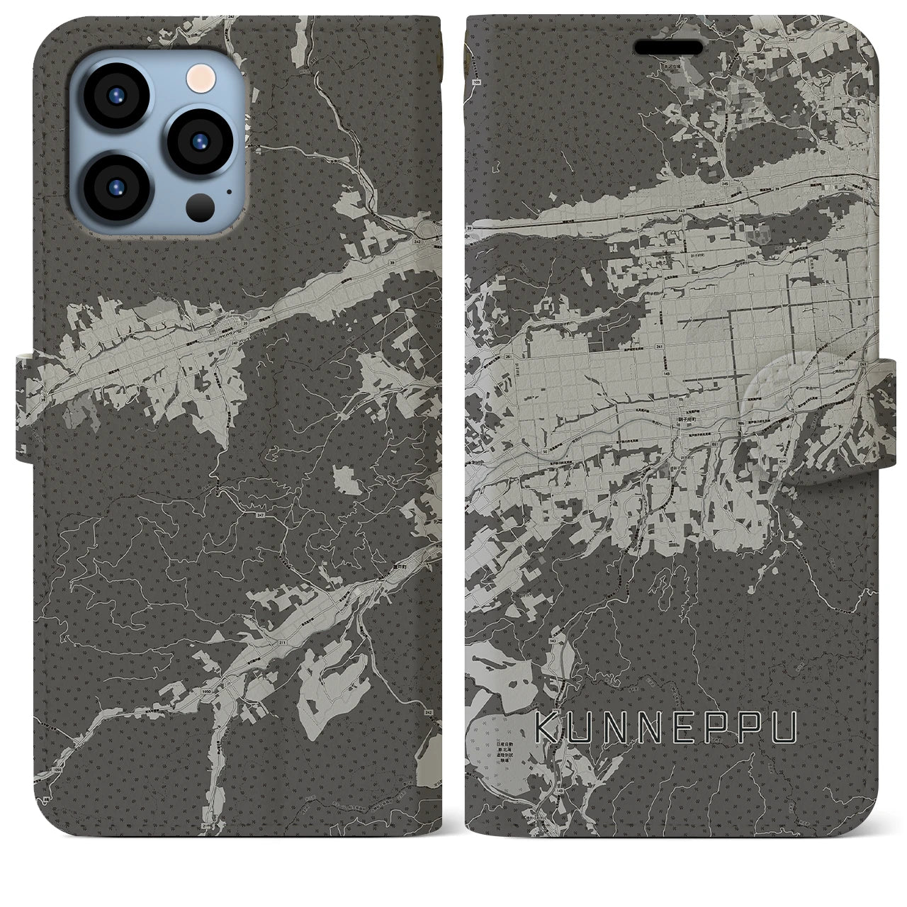 【訓子府(北海道)】地図柄iPhoneケース(手帳タイプ)モノトーン・iPhone 13 Pro Max 用