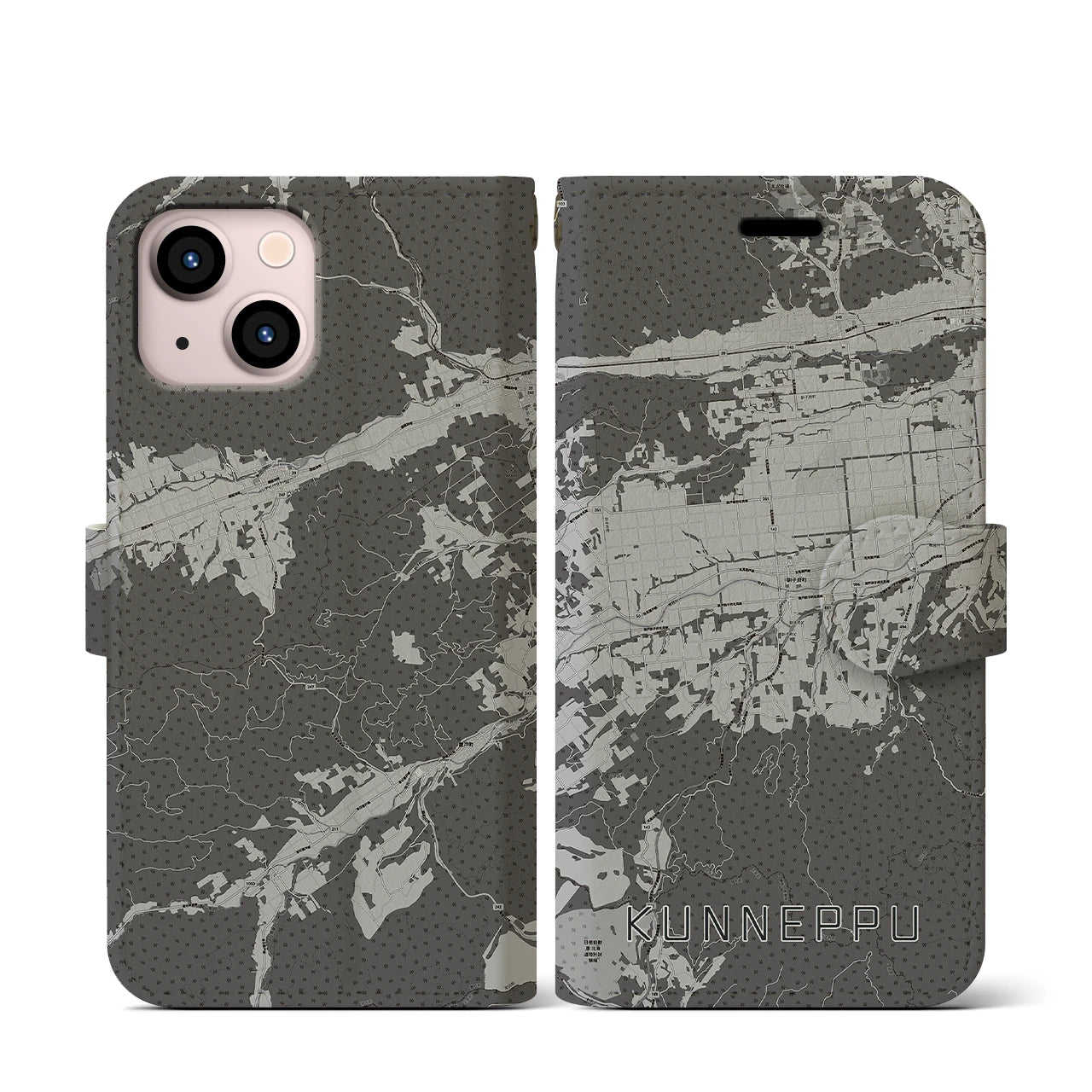 【訓子府(北海道)】地図柄iPhoneケース(手帳タイプ)モノトーン・iPhone 13 mini 用