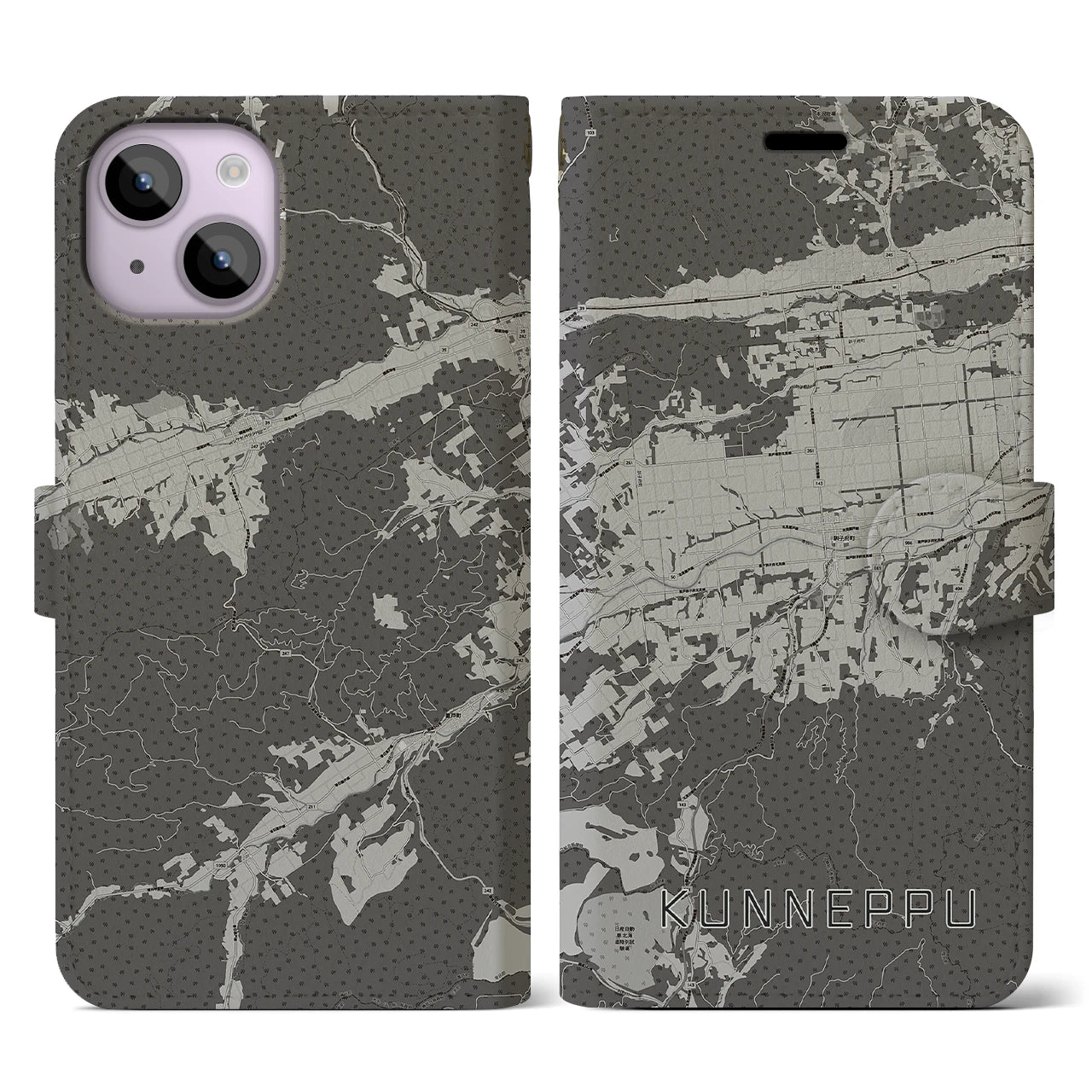 【訓子府(北海道)】地図柄iPhoneケース(手帳タイプ)モノトーン・iPhone 14 用