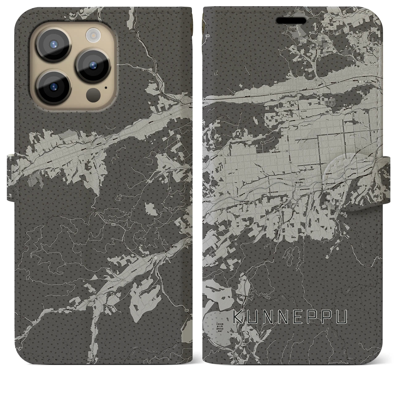【訓子府(北海道)】地図柄iPhoneケース(手帳タイプ)モノトーン・iPhone 14 Pro Max 用