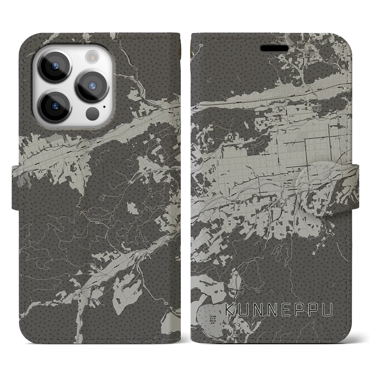 【訓子府(北海道)】地図柄iPhoneケース(手帳タイプ)モノトーン・iPhone 14 Pro 用