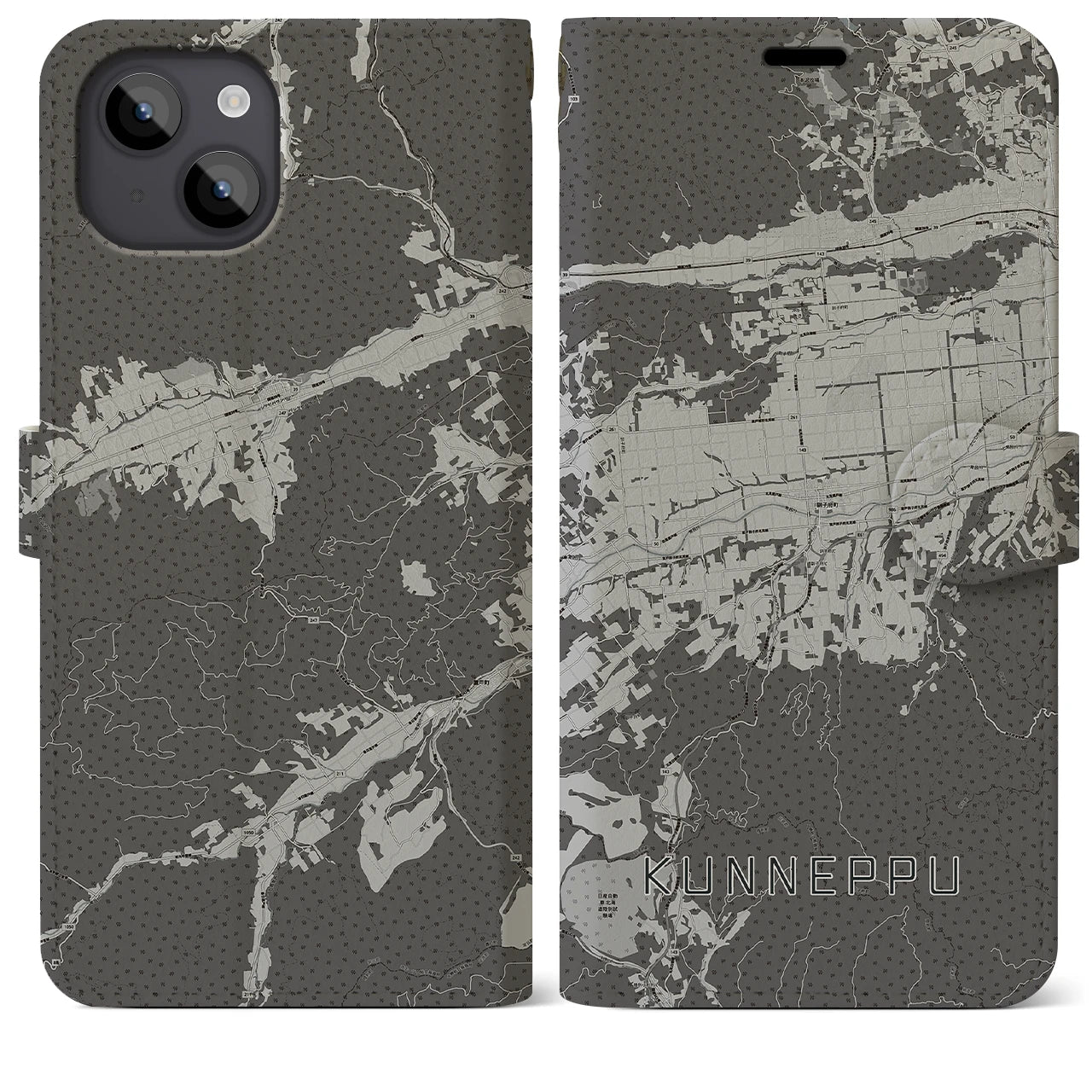 【訓子府(北海道)】地図柄iPhoneケース(手帳タイプ)モノトーン・iPhone 14 Plus 用