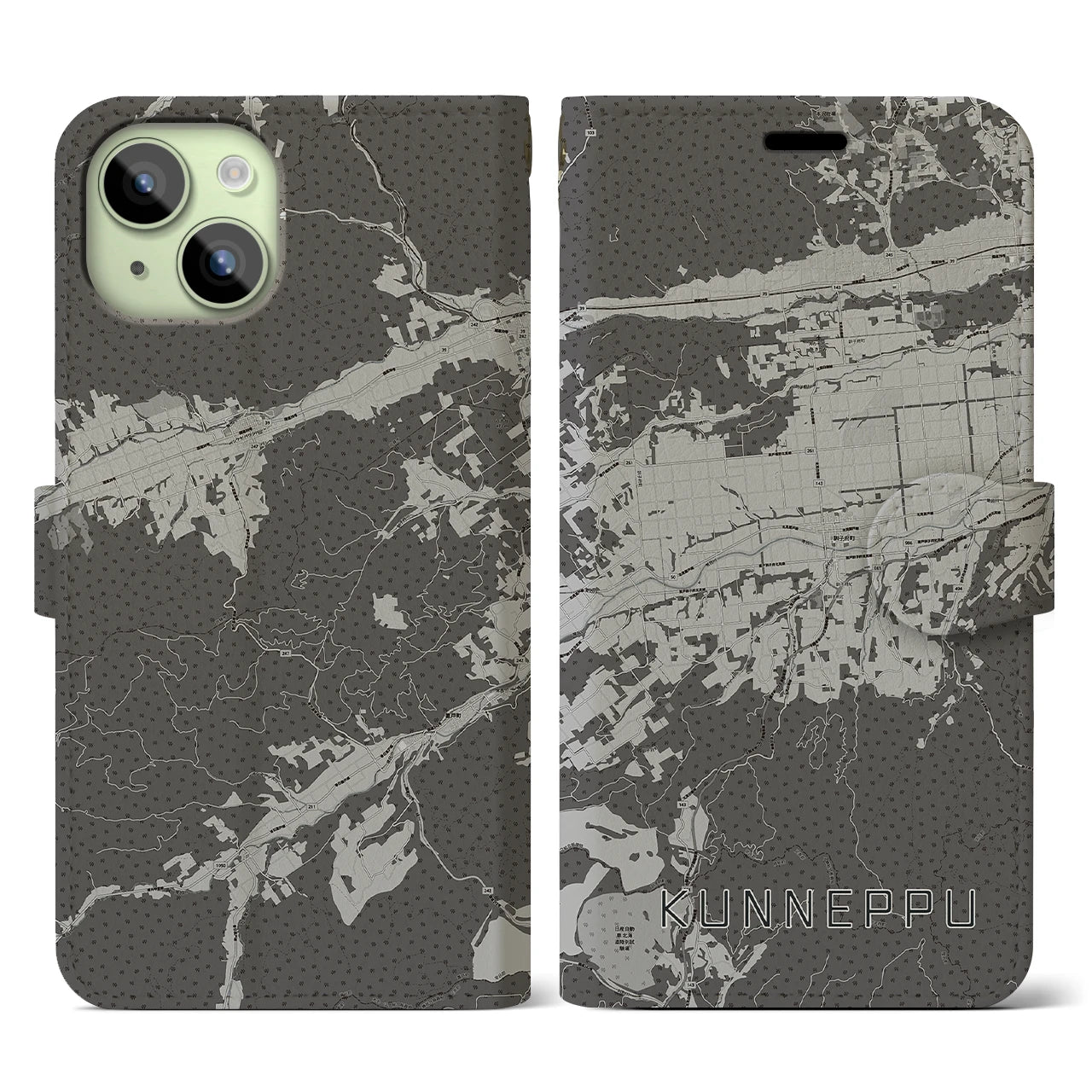 【訓子府(北海道)】地図柄iPhoneケース(手帳タイプ)モノトーン・iPhone 15 用