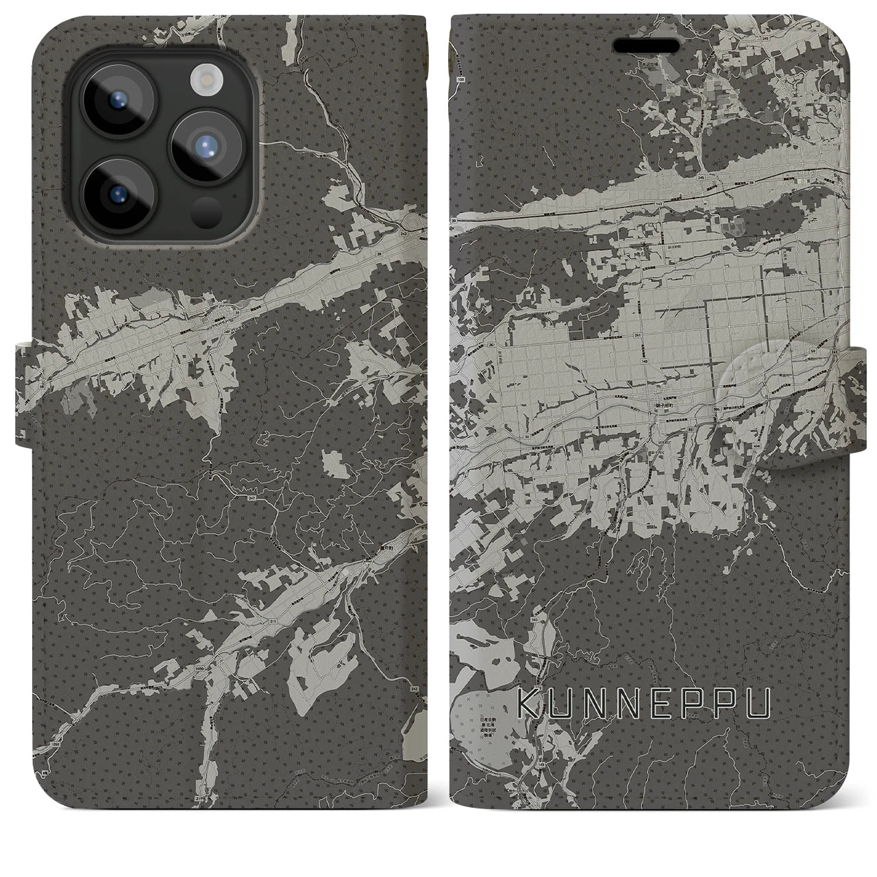 【訓子府(北海道)】地図柄iPhoneケース(手帳タイプ)モノトーン・iPhone 15 Pro Max 用