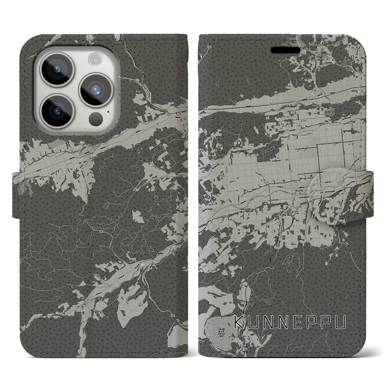 【訓子府(北海道)】地図柄iPhoneケース(手帳タイプ)モノトーン・iPhone 15 Pro 用
