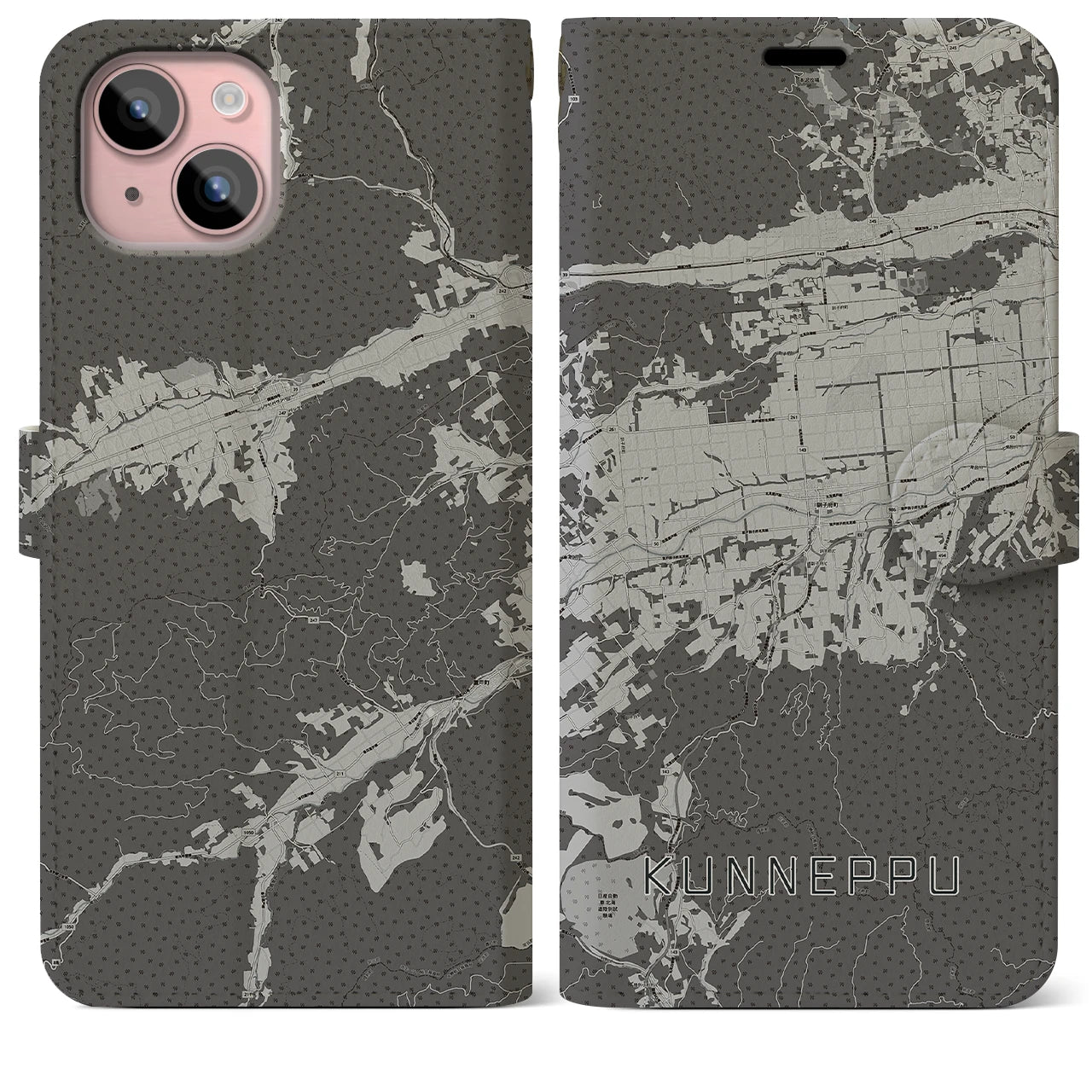 【訓子府(北海道)】地図柄iPhoneケース(手帳タイプ)モノトーン・iPhone 15 Plus 用