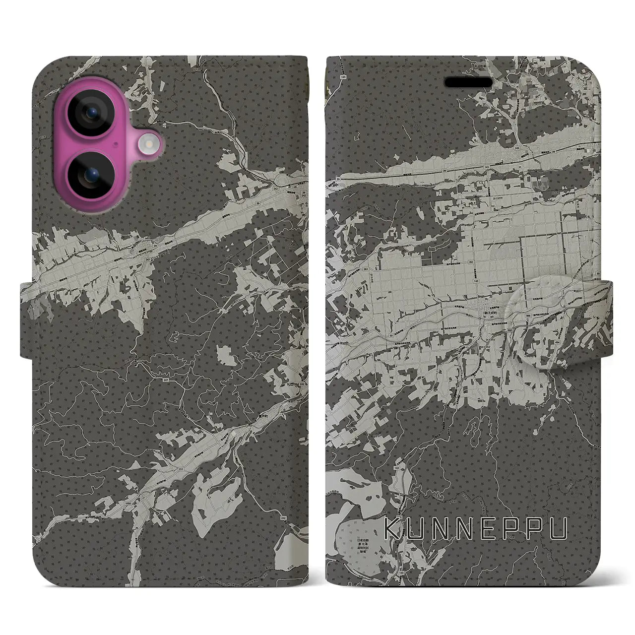 【訓子府(北海道)】地図柄iPhoneケース(手帳タイプ)モノトーン・iPhone 16 Pro 用