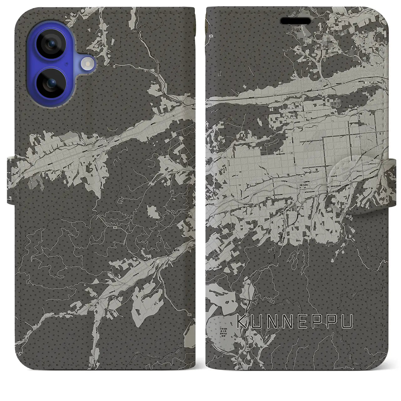 【訓子府(北海道)】地図柄iPhoneケース(手帳タイプ)モノトーン・iPhone 16 Pro Max 用