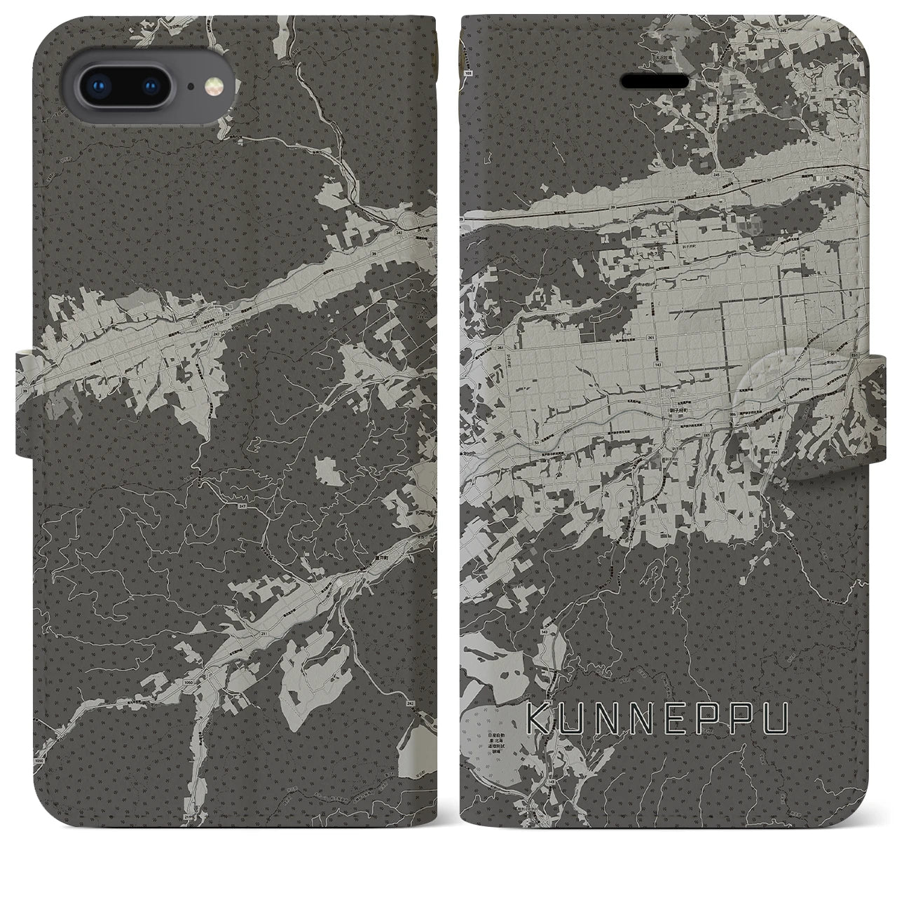 【訓子府(北海道)】地図柄iPhoneケース(手帳タイプ)モノトーン・iPhone 8Plus /7Plus / 6sPlus / 6Plus 用