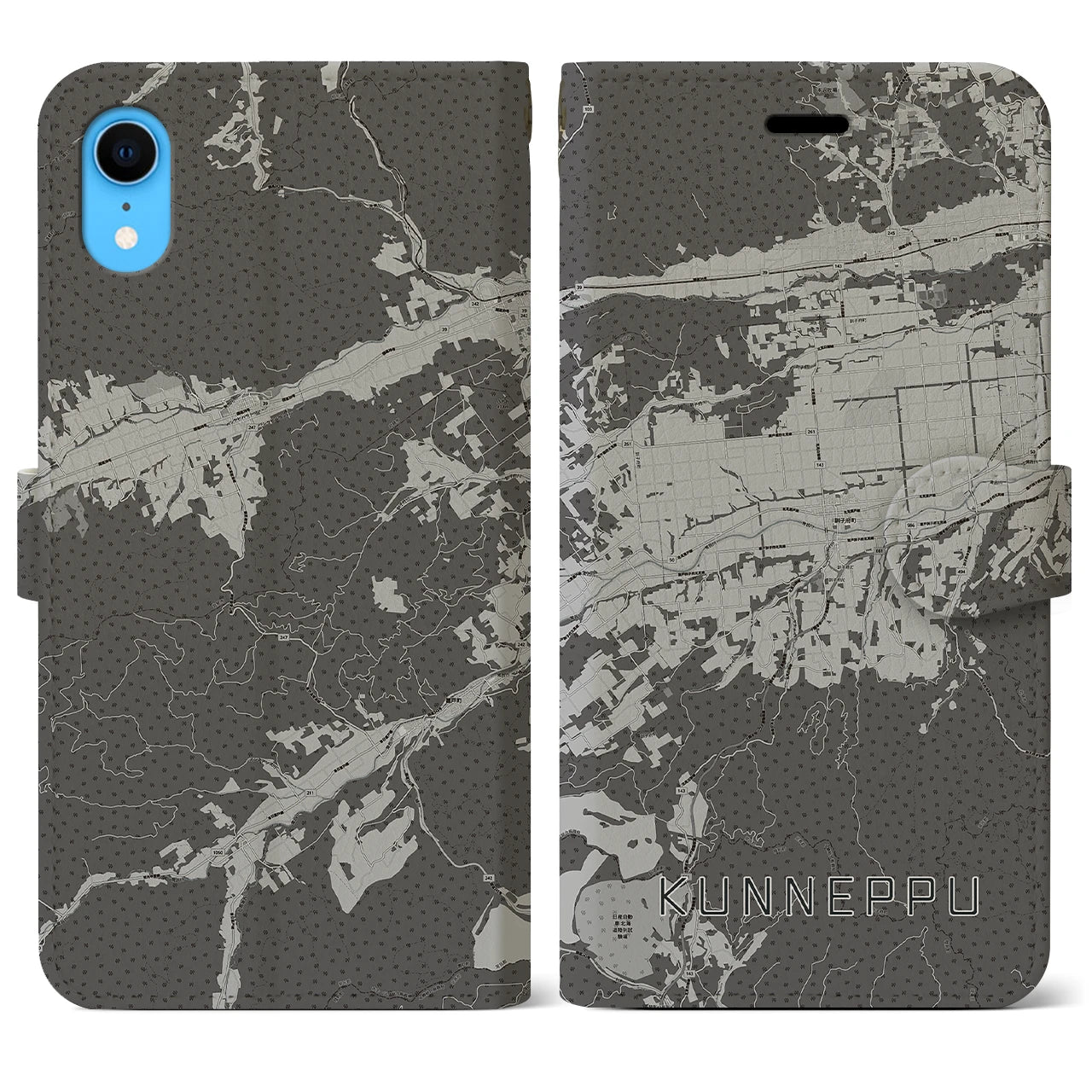 【訓子府(北海道)】地図柄iPhoneケース(手帳タイプ)モノトーン・iPhone XR 用