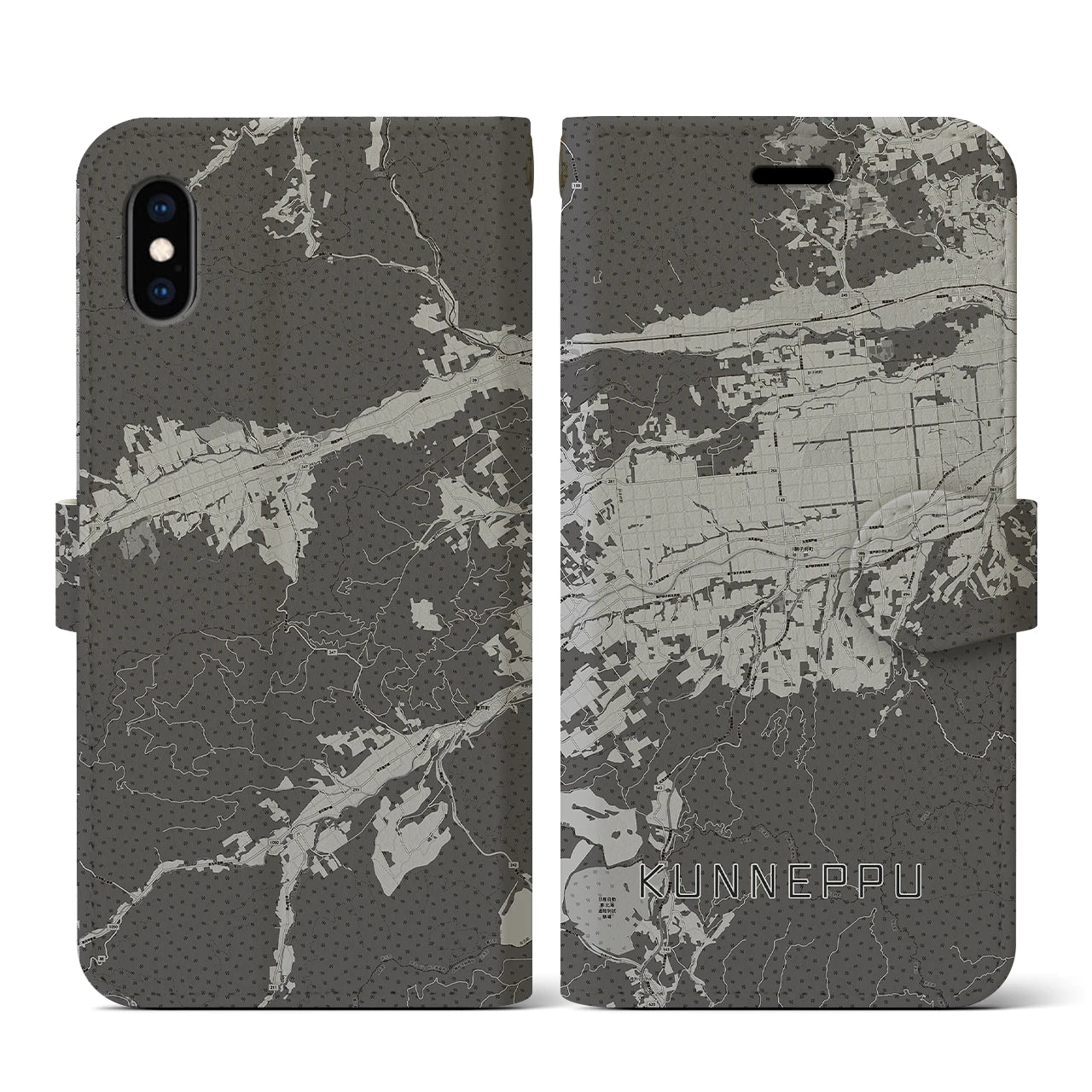 【訓子府(北海道)】地図柄iPhoneケース(手帳タイプ)モノトーン・iPhone XS / X 用