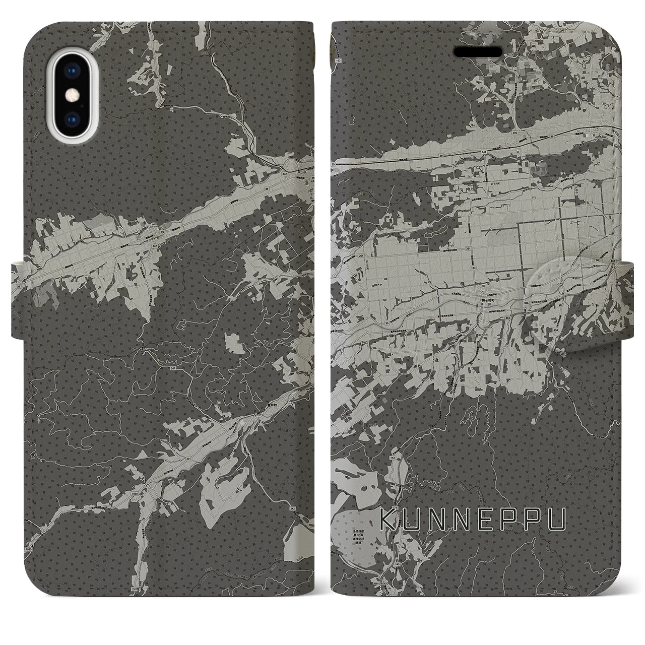 【訓子府(北海道)】地図柄iPhoneケース(手帳タイプ)モノトーン・iPhone XS Max 用