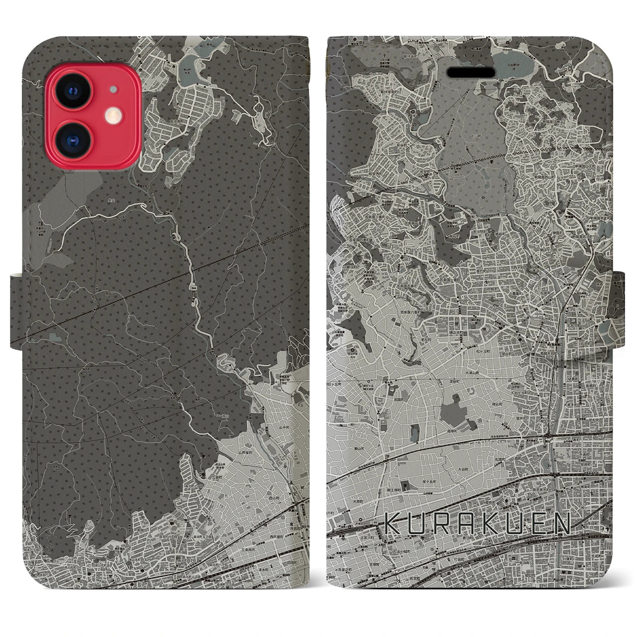 【苦楽園(兵庫県)】地図柄iPhoneケース(手帳タイプ)モノトーン・iPhone 11 用