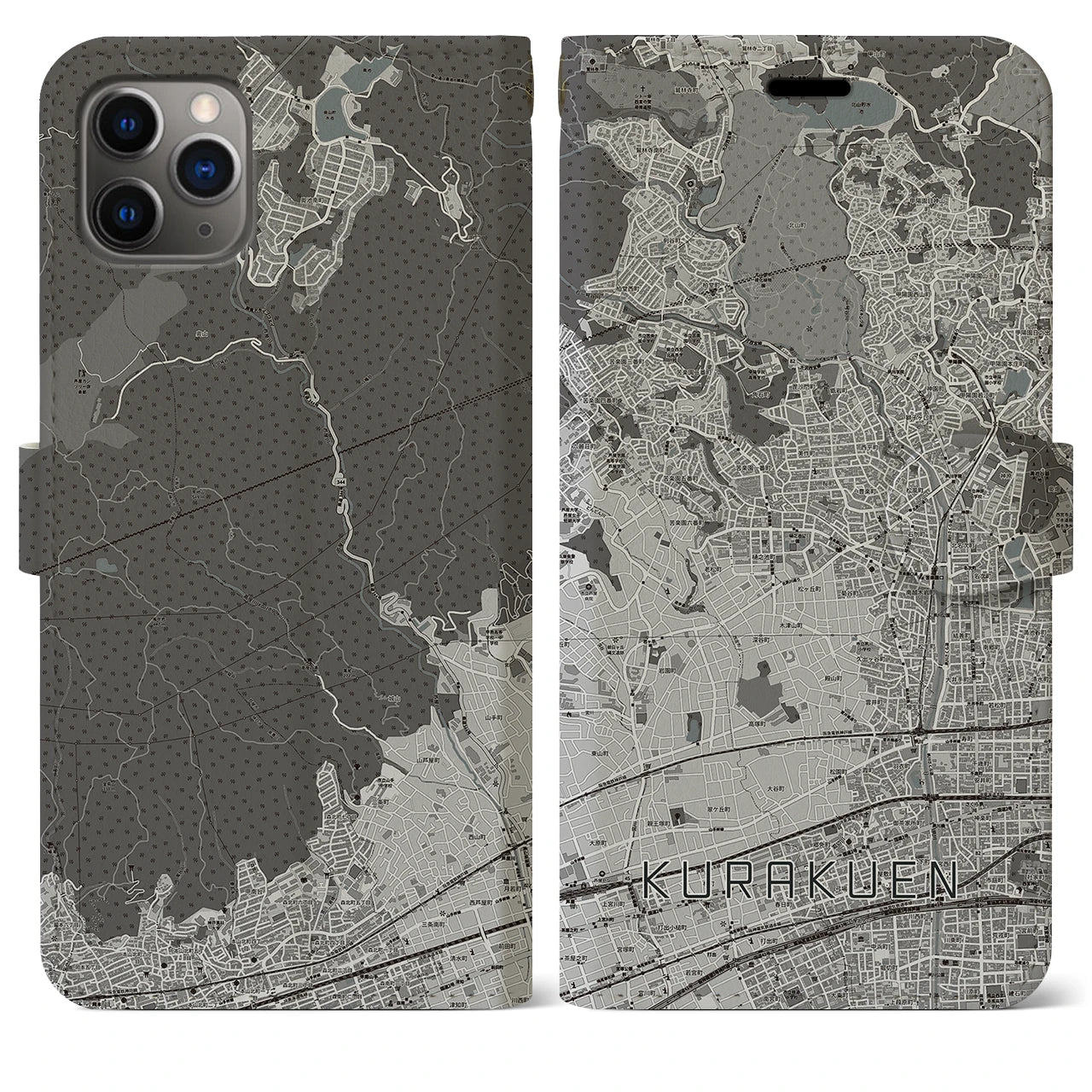 【苦楽園(兵庫県)】地図柄iPhoneケース(手帳タイプ)モノトーン・iPhone 11 Pro Max 用