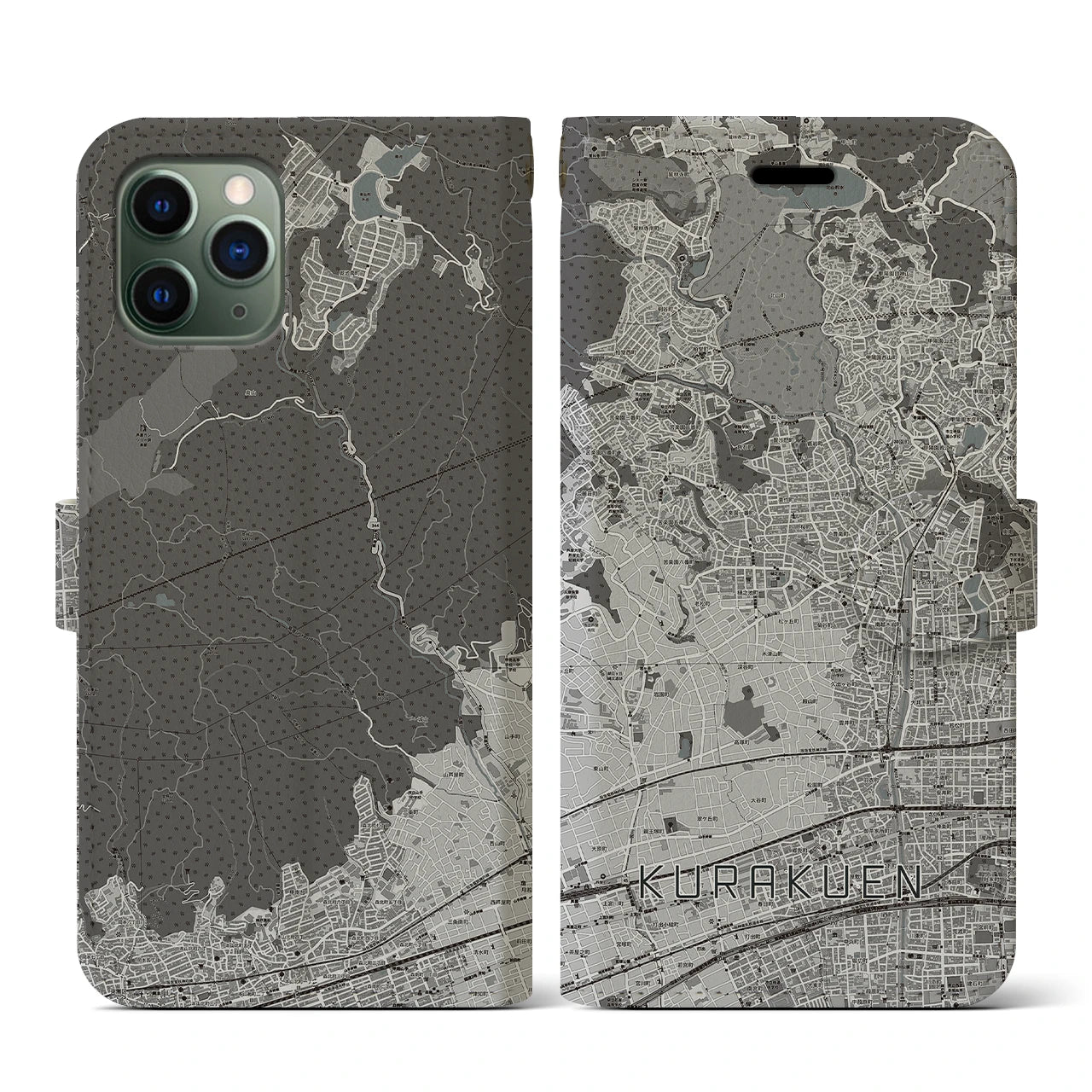 【苦楽園(兵庫県)】地図柄iPhoneケース(手帳タイプ)モノトーン・iPhone 11 Pro 用