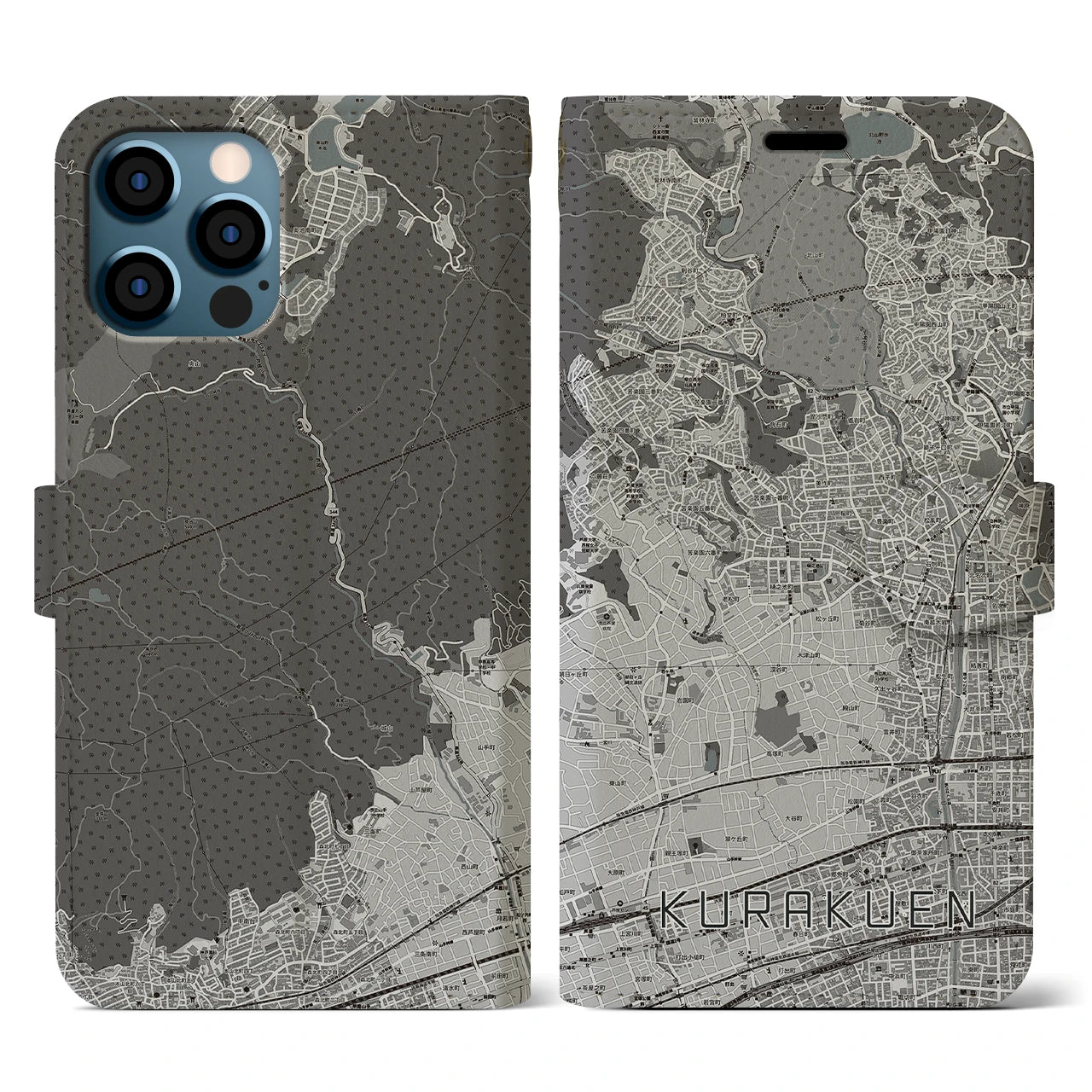 【苦楽園(兵庫県)】地図柄iPhoneケース(手帳タイプ)モノトーン・iPhone 12 / 12 Pro 用