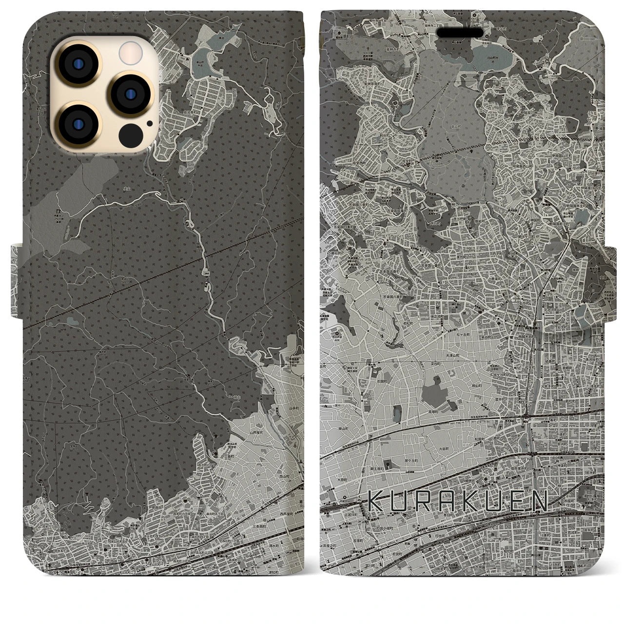 【苦楽園(兵庫県)】地図柄iPhoneケース(手帳タイプ)モノトーン・iPhone 12 Pro Max 用