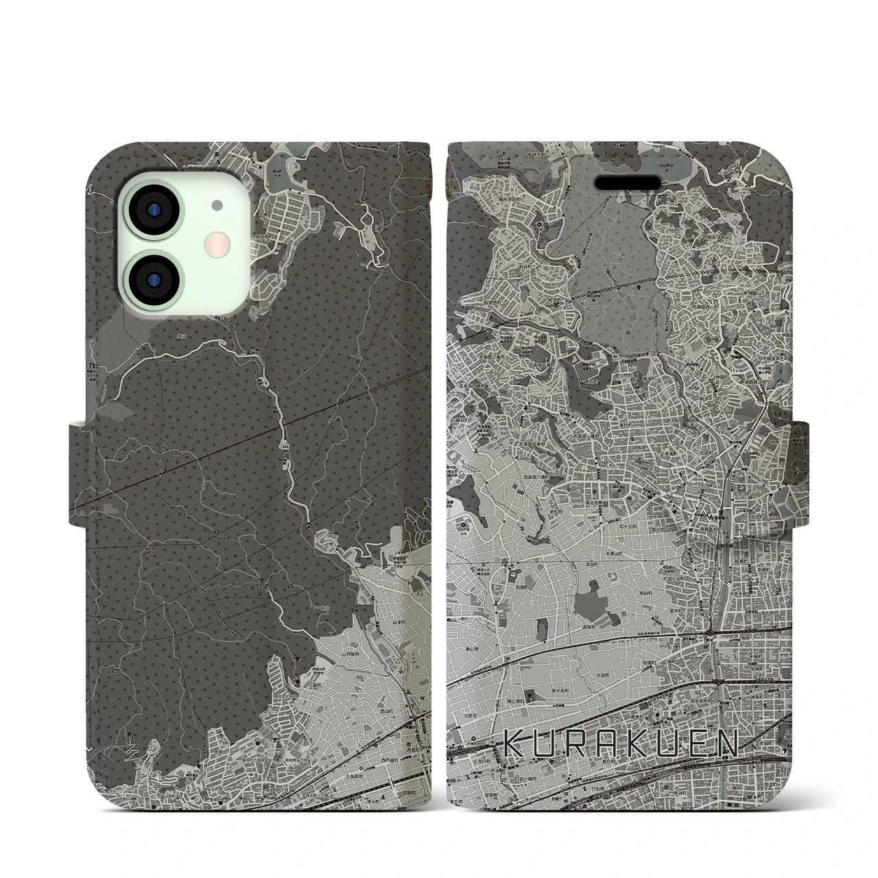 【苦楽園(兵庫県)】地図柄iPhoneケース(手帳タイプ)モノトーン・iPhone 12 mini 用